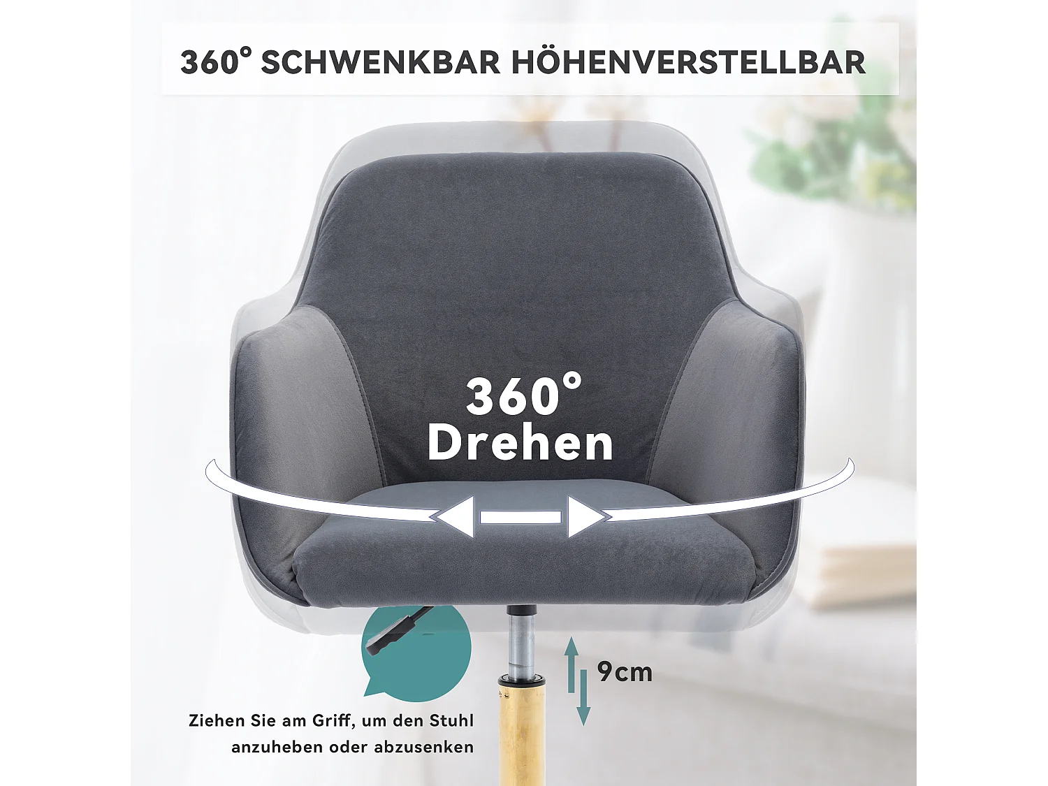 Chaise de bureau pivotante, hauteur réglable, velours, base dorée, gris (58x58x86 cm)