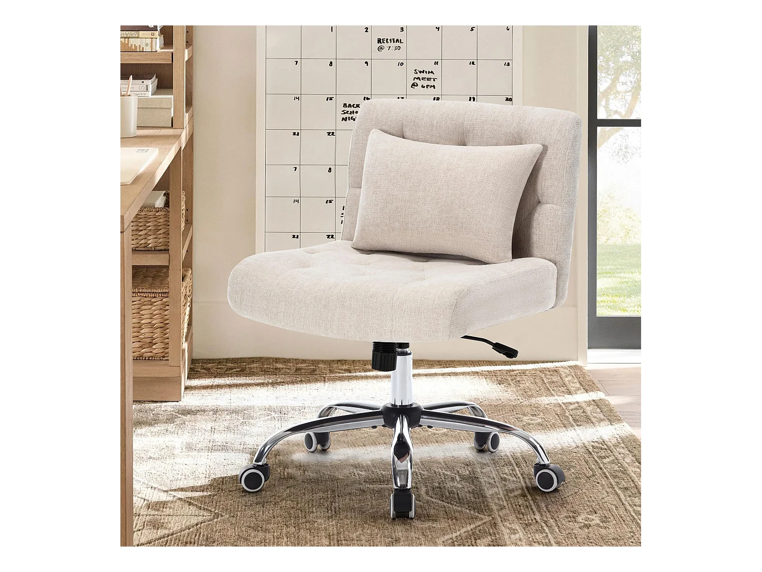 Chaise de Bureau Pivotante, Design Ergonomique, Lin, Sans Accoudoirs, Réglable en Hauteur, Beige (49x62x74 cm), Capacité 160kg