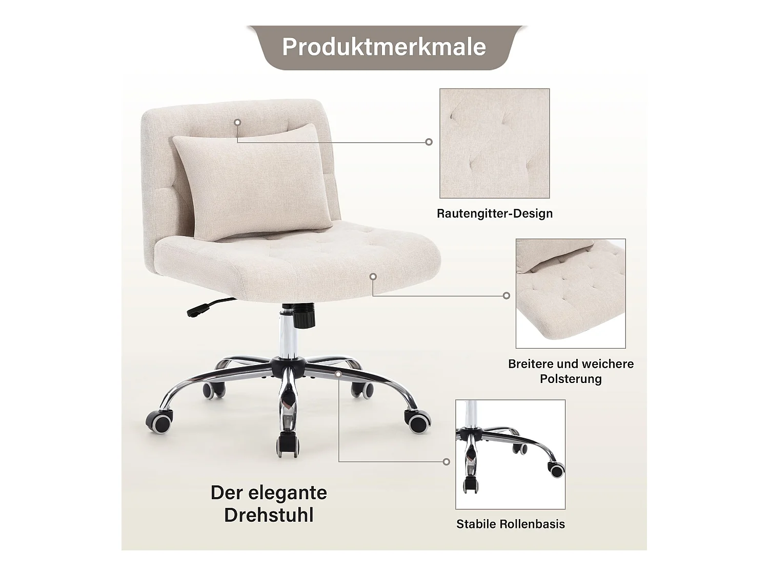 Chaise de Bureau Pivotante, Design Ergonomique, Lin, Sans Accoudoirs, Réglable en Hauteur, Beige (49x62x74 cm), Capacité 160kg