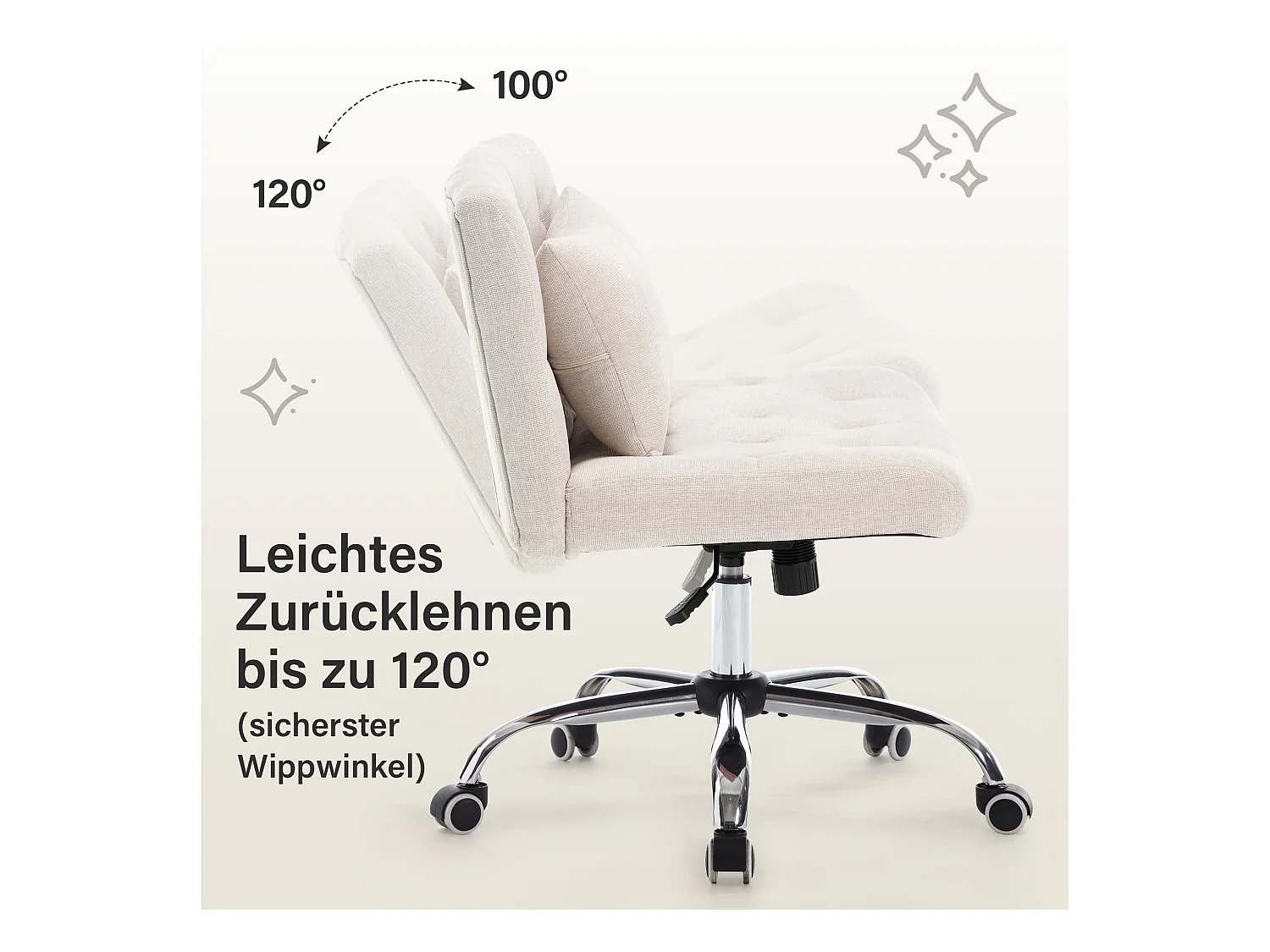 Chaise de Bureau Pivotante, Design Ergonomique, Lin, Sans Accoudoirs, Réglable en Hauteur, Beige (49x62x74 cm), Capacité 160kg