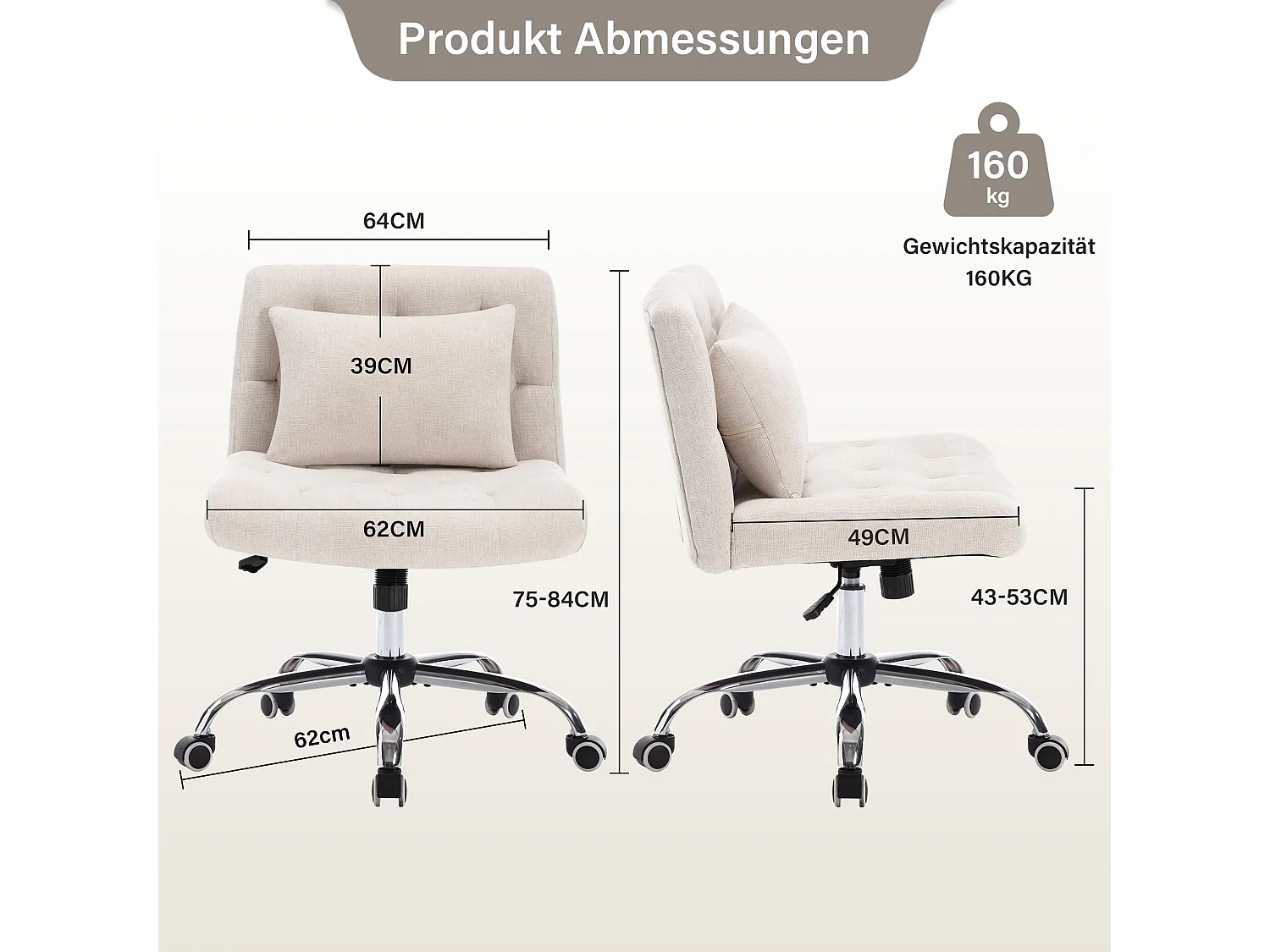 Chaise de Bureau Pivotante, Design Ergonomique, Lin, Sans Accoudoirs, Réglable en Hauteur, Beige (49x62x74 cm), Capacité 160kg