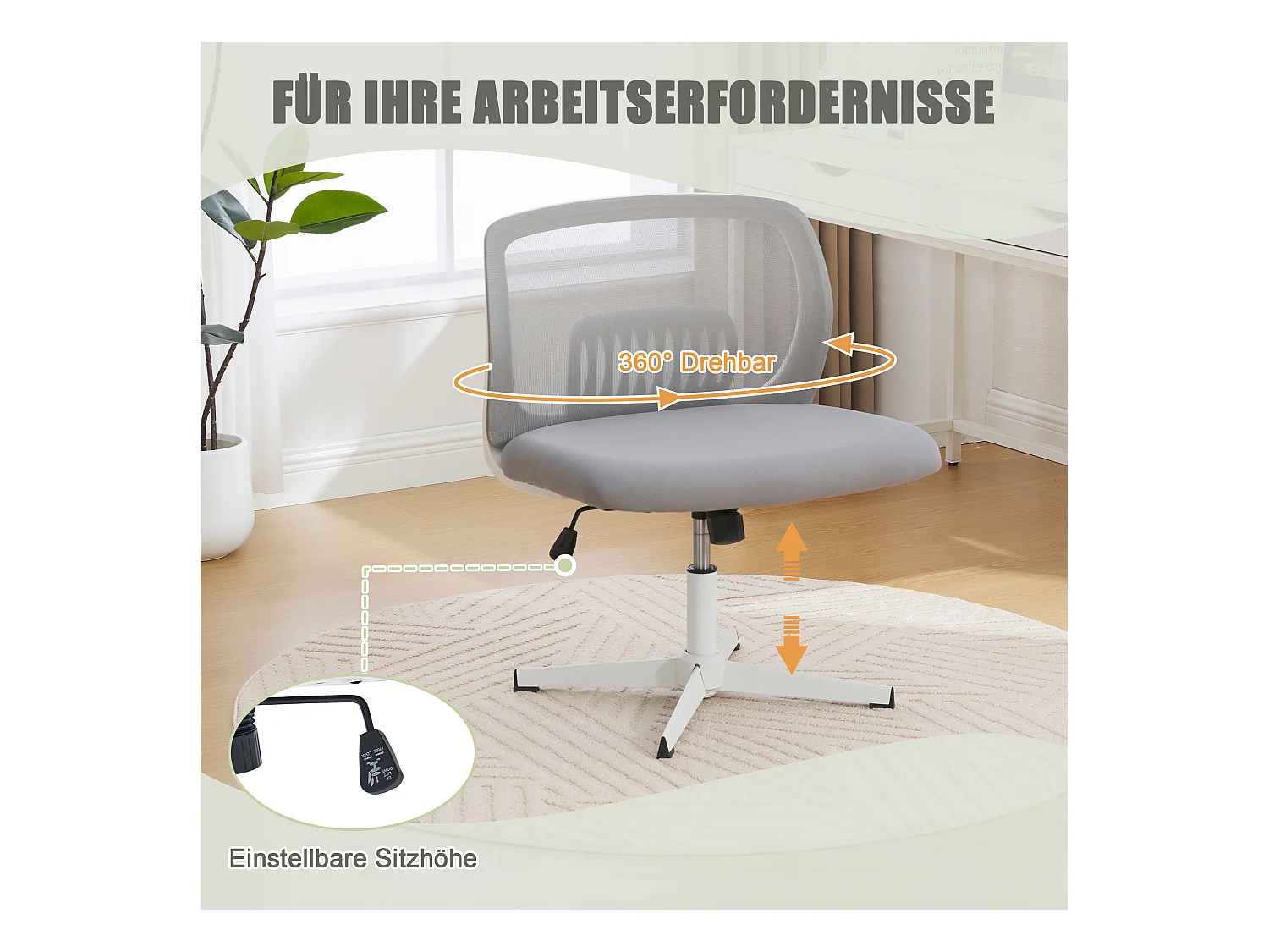 Fauteuil de bureau sans bras, dossier en mesh, siège large rembourré, inclinable et réglable en hauteur, pivotant à 360°, gris (61x55x73cm)