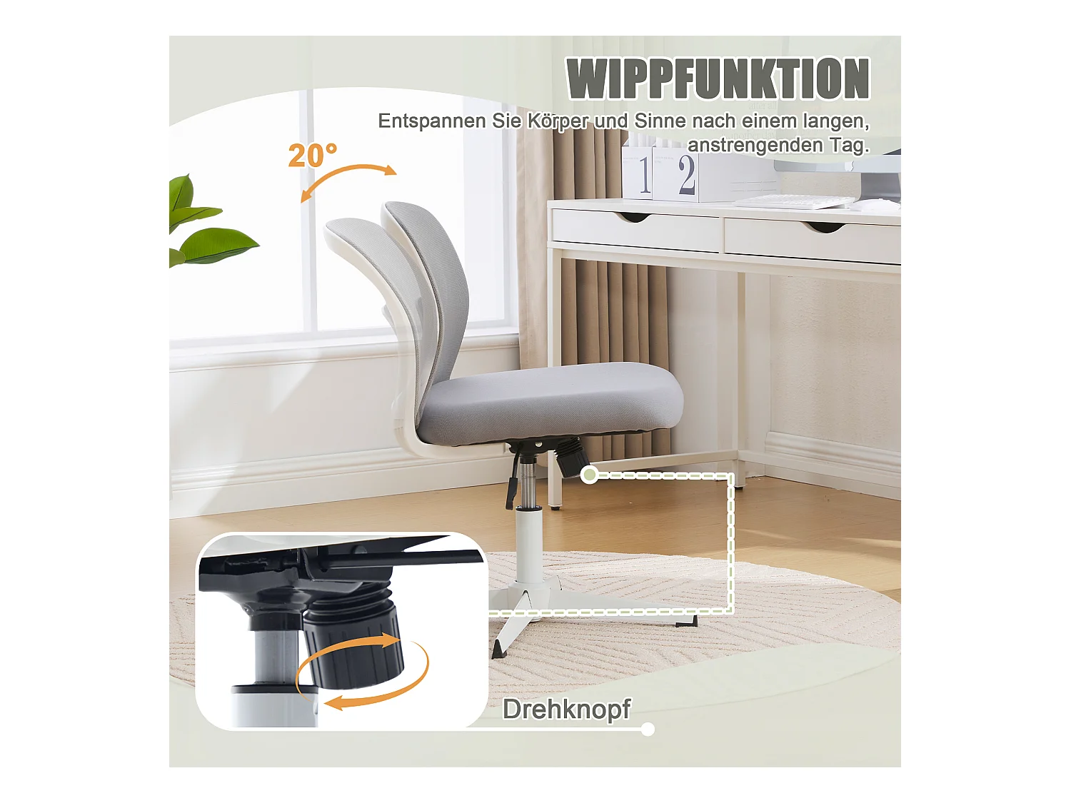 Fauteuil de bureau sans bras, dossier en mesh, siège large rembourré, inclinable et réglable en hauteur, pivotant à 360°, gris (61x55x73cm)