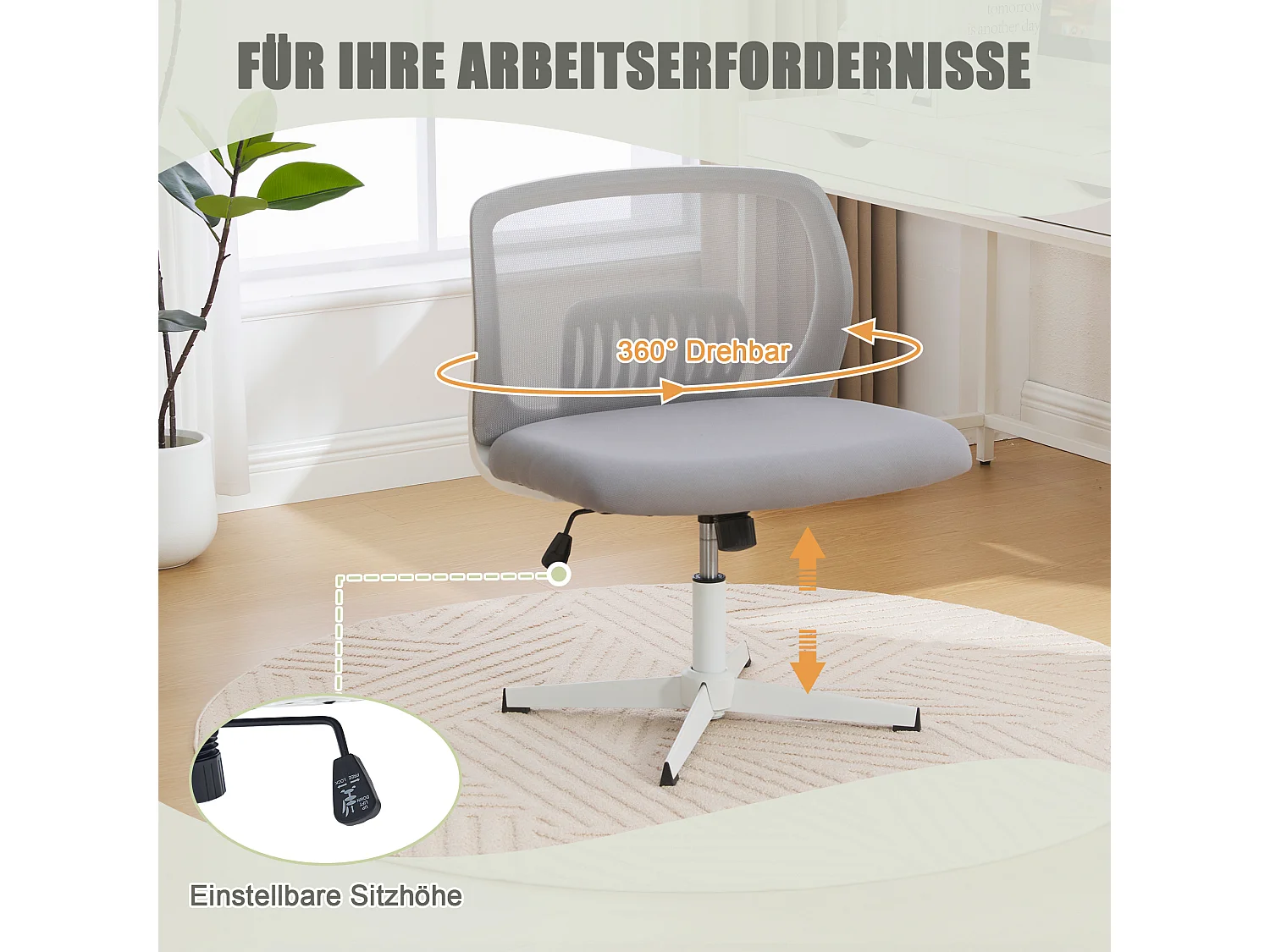 Sedia da ufficio senza braccioli, schienale in rete, ampia seduta imbottita, inclinazione e altezza regolabili, girevole a 360°, grigia (61x55x73cm)