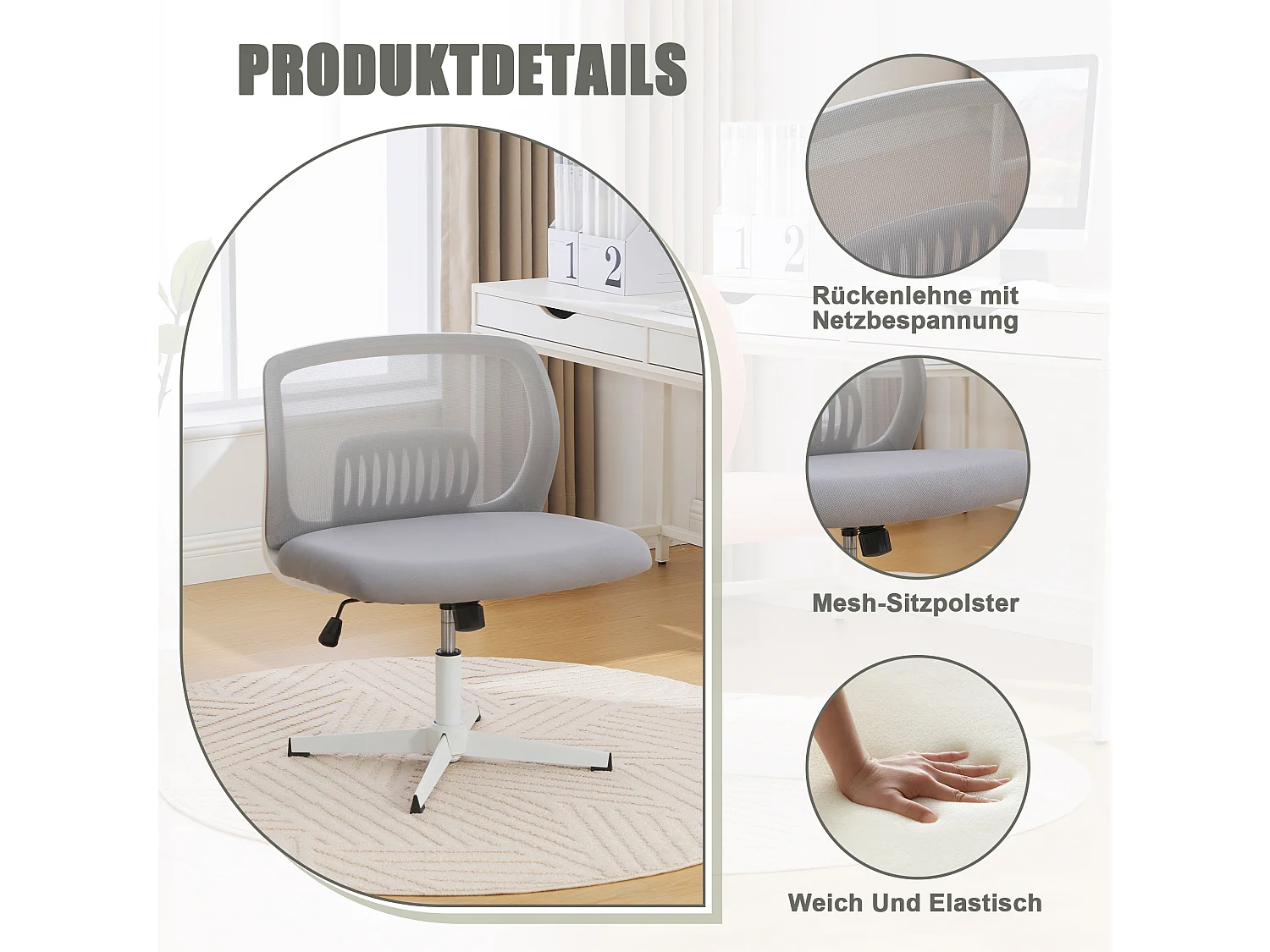 Sedia da ufficio senza braccioli, schienale in rete, ampia seduta imbottita, inclinazione e altezza regolabili, girevole a 360°, grigia (61x55x73cm)