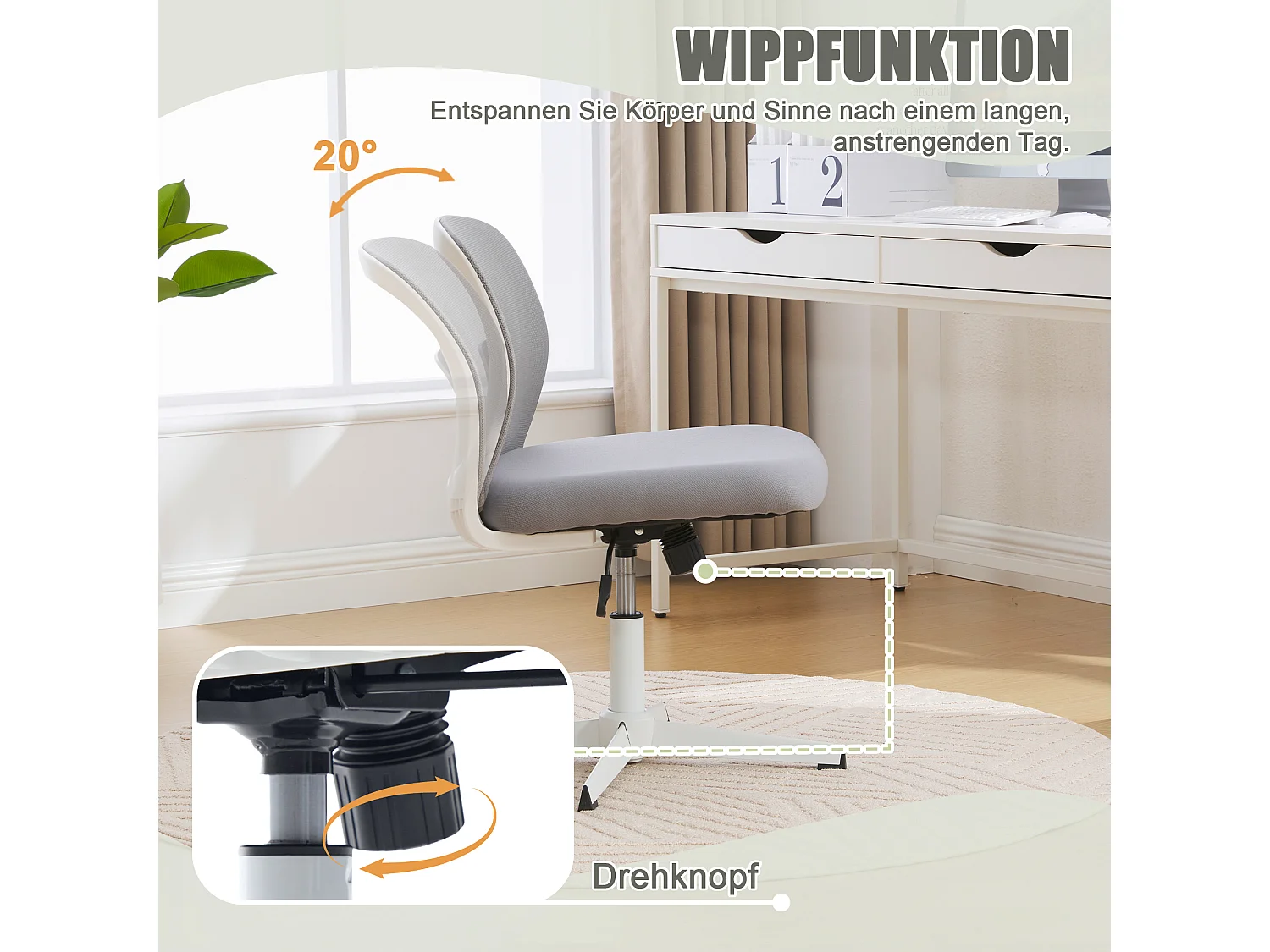 Sedia da ufficio senza braccioli, schienale in rete, ampia seduta imbottita, inclinazione e altezza regolabili, girevole a 360°, grigia (61x55x73cm)