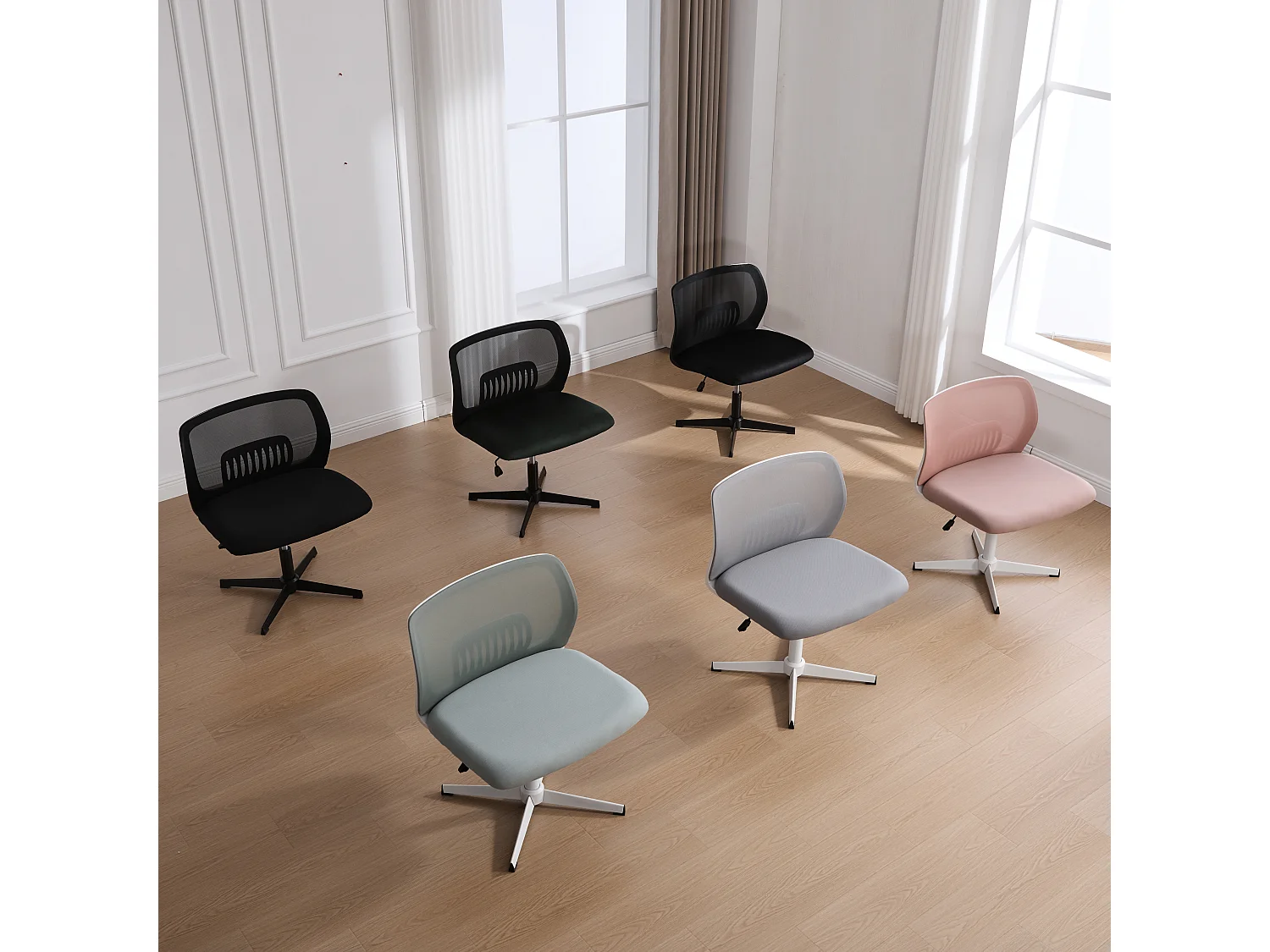 Sedia da ufficio senza braccioli, schienale in rete, ampia seduta imbottita, inclinazione e altezza regolabili, girevole a 360°, grigia (61x55x73cm)