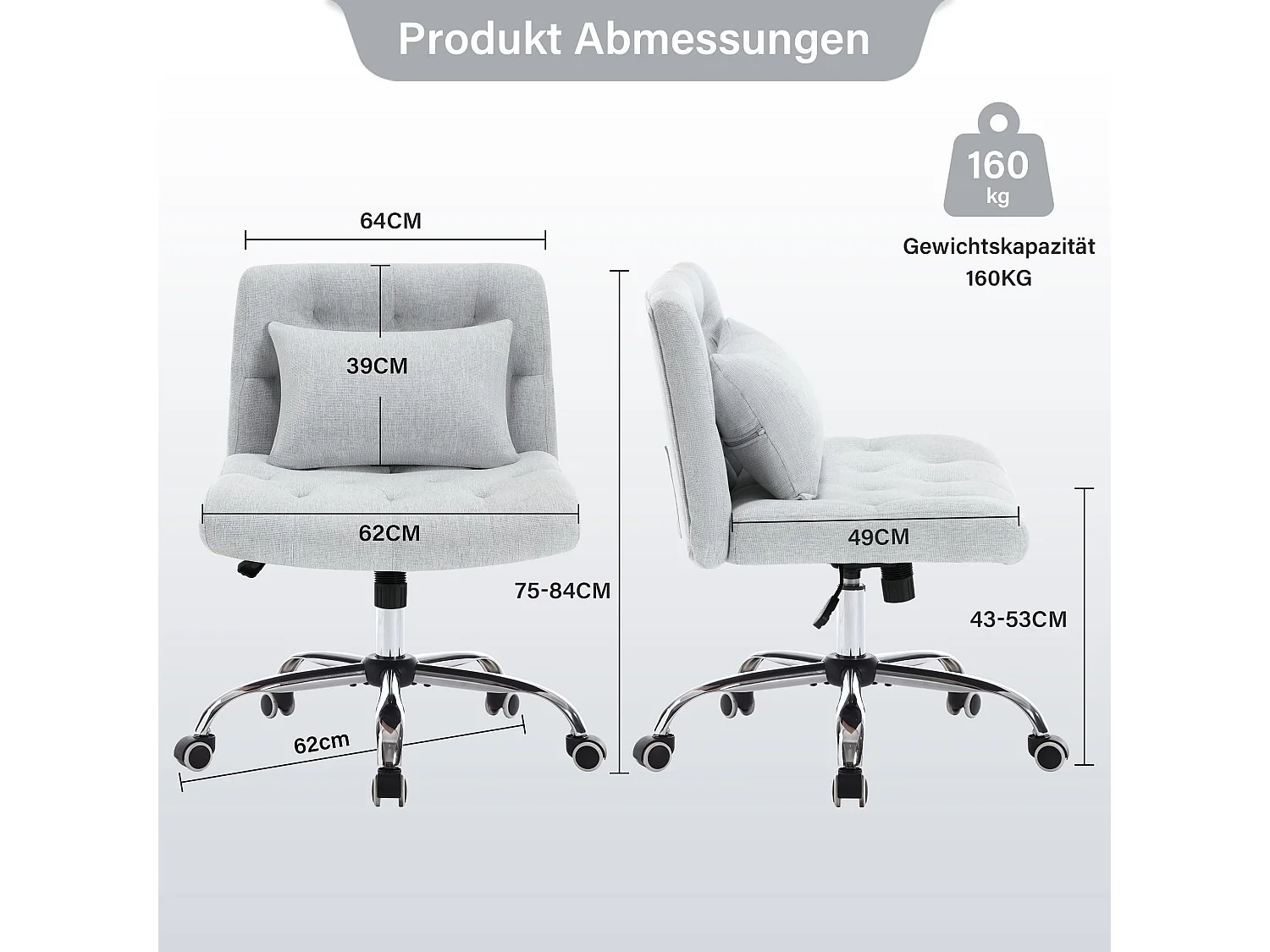 Draaibare bureaustoel, ergonomisch design, linnen, zonder armleuningen, in hoogte verstelbaar, grijs (49x62x94 cm), draagvermogen 160 kg