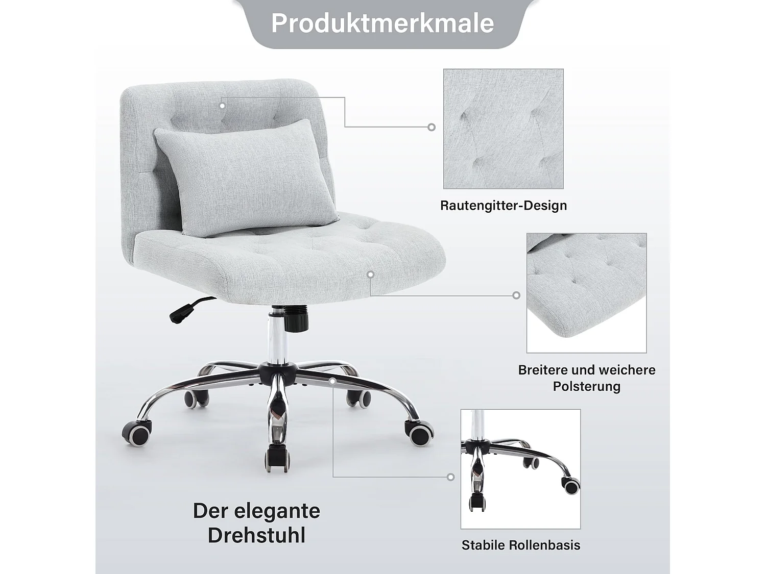 Draaibare bureaustoel, ergonomisch design, linnen, zonder armleuningen, in hoogte verstelbaar, grijs (49x62x94 cm), draagvermogen 160 kg