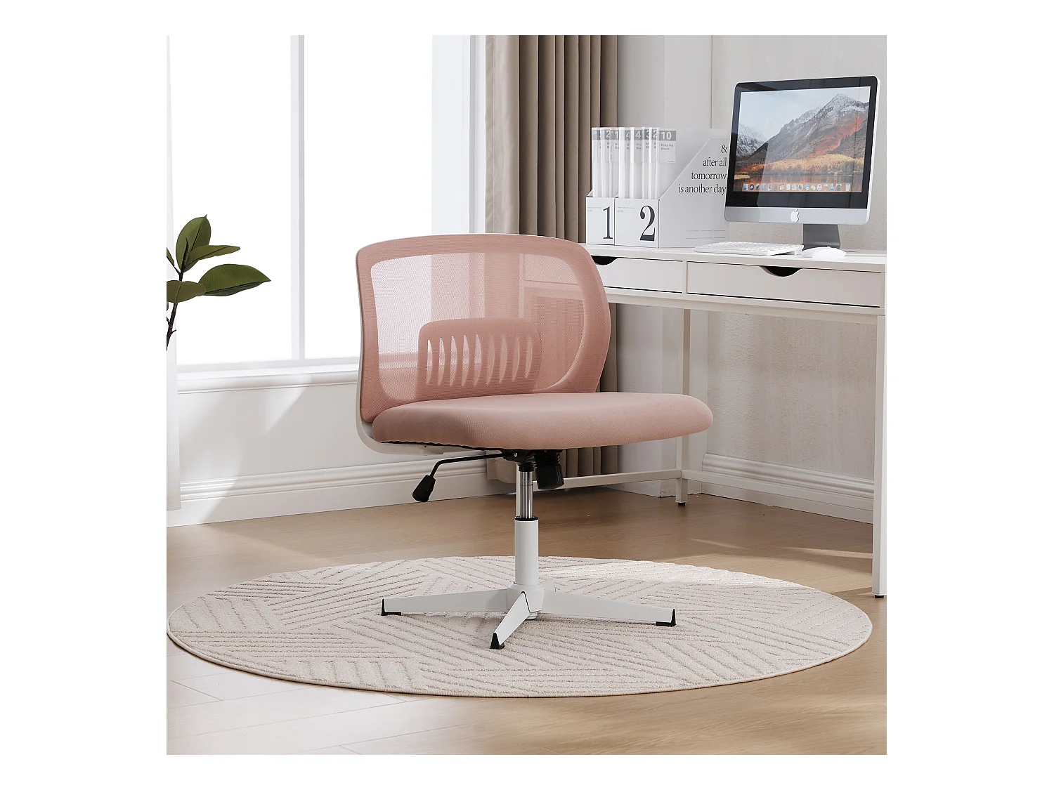 Chaise de Bureau Armless, Fauteuil de Lecture avec Coussin Large, Velours, Vert Menthe, Réglable en Hauteur, 360° Pivotant (61x55x73-85 cm)