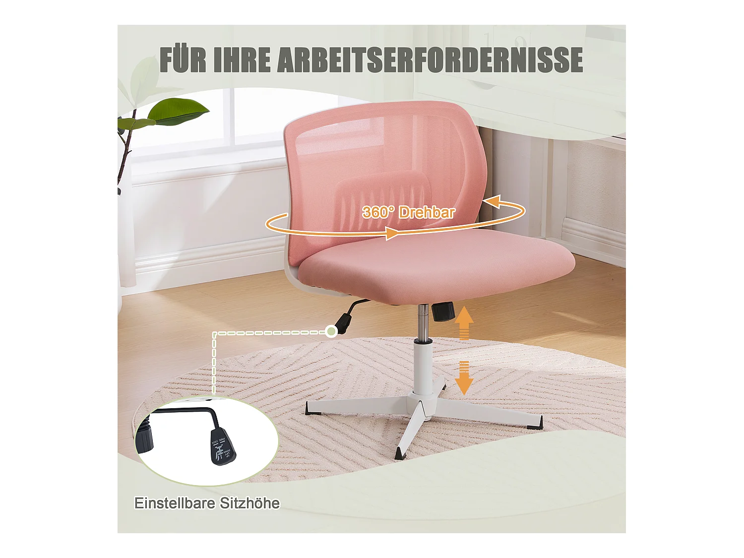 Chaise de Bureau Armless, Fauteuil de Lecture avec Coussin Large, Velours, Vert Menthe, Réglable en Hauteur, 360° Pivotant (61x55x73-85 cm)