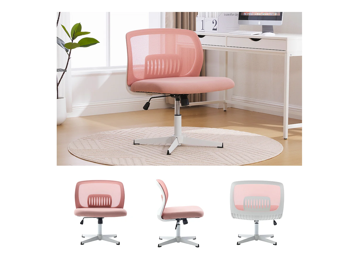 Chaise de Bureau Armless, Fauteuil de Lecture avec Coussin Large, Velours, Vert Menthe, Réglable en Hauteur, 360° Pivotant (61x55x73-85 cm)