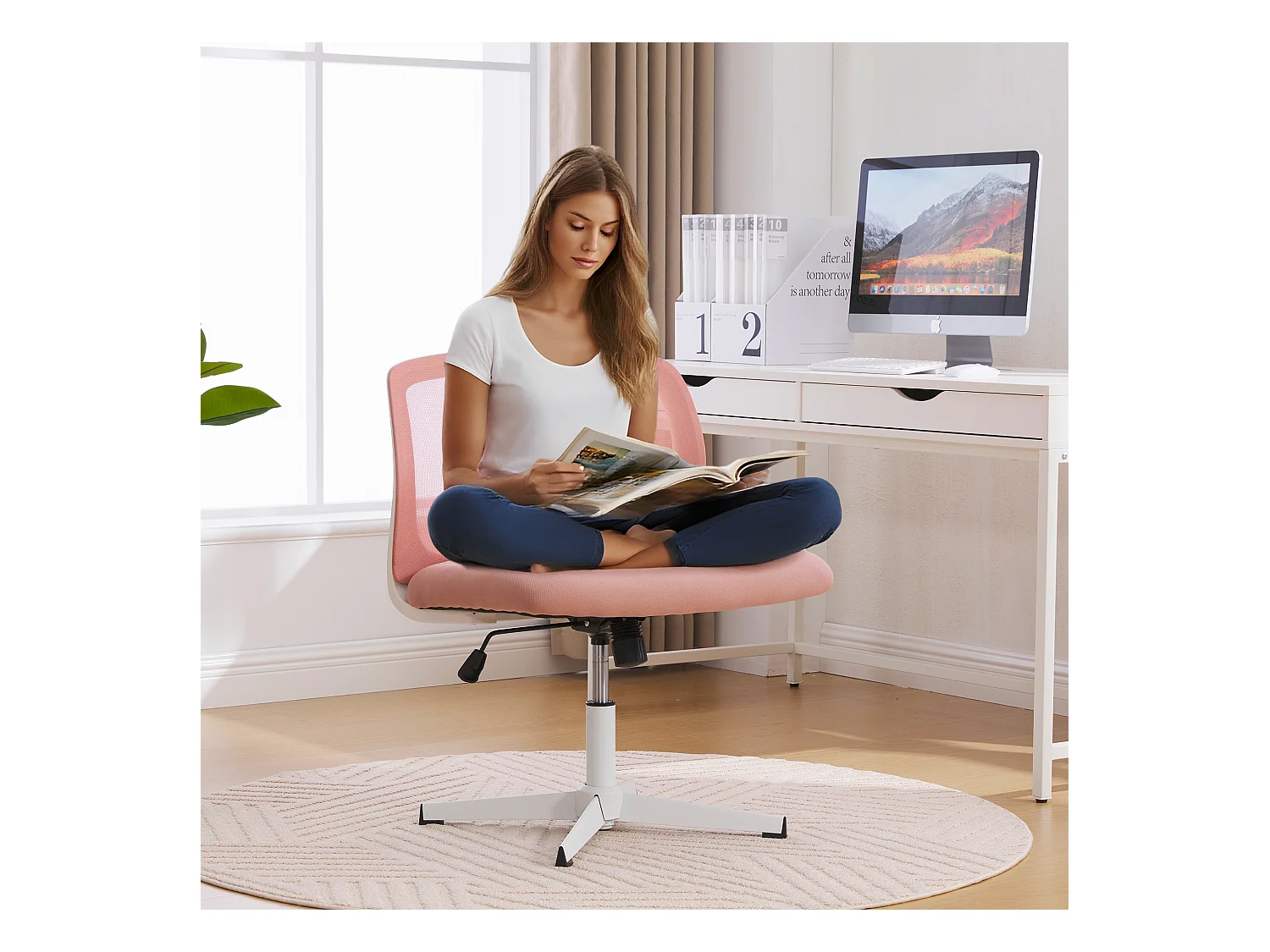 Chaise de Bureau Armless, Fauteuil de Lecture avec Coussin Large, Velours, Vert Menthe, Réglable en Hauteur, 360° Pivotant (61x55x73-85 cm)