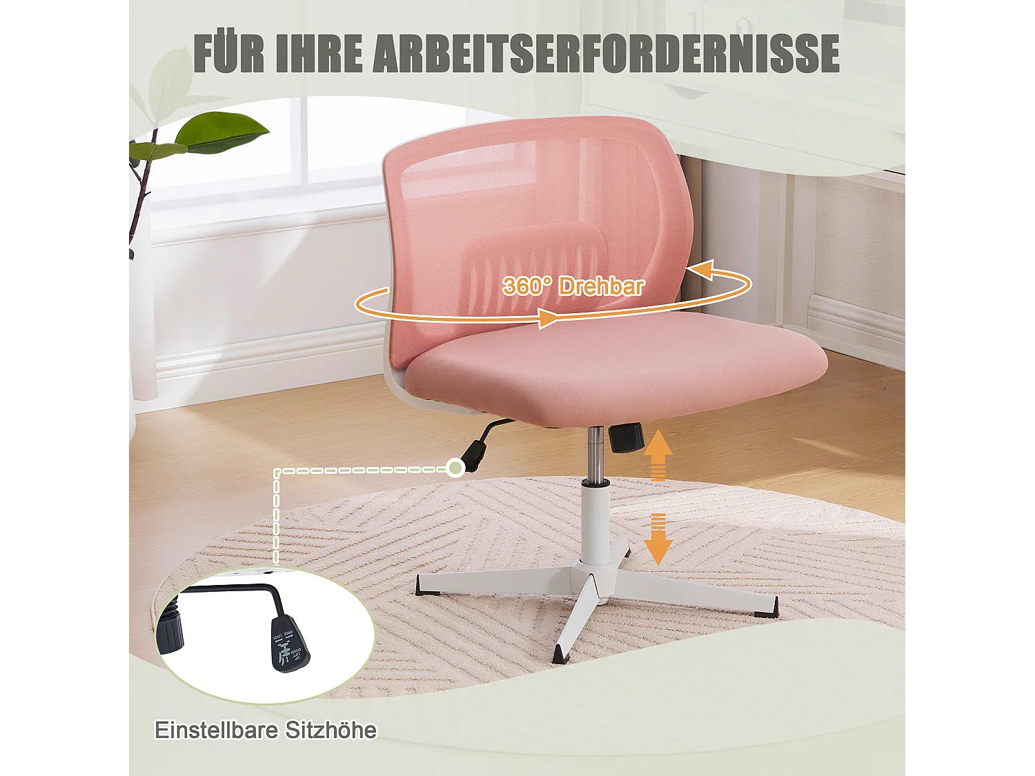 Chaise de Bureau Armless, Fauteuil de Lecture avec Coussin Large, Velours, Vert Menthe, Réglable en Hauteur, 360° Pivotant (61x55x73-85 cm)