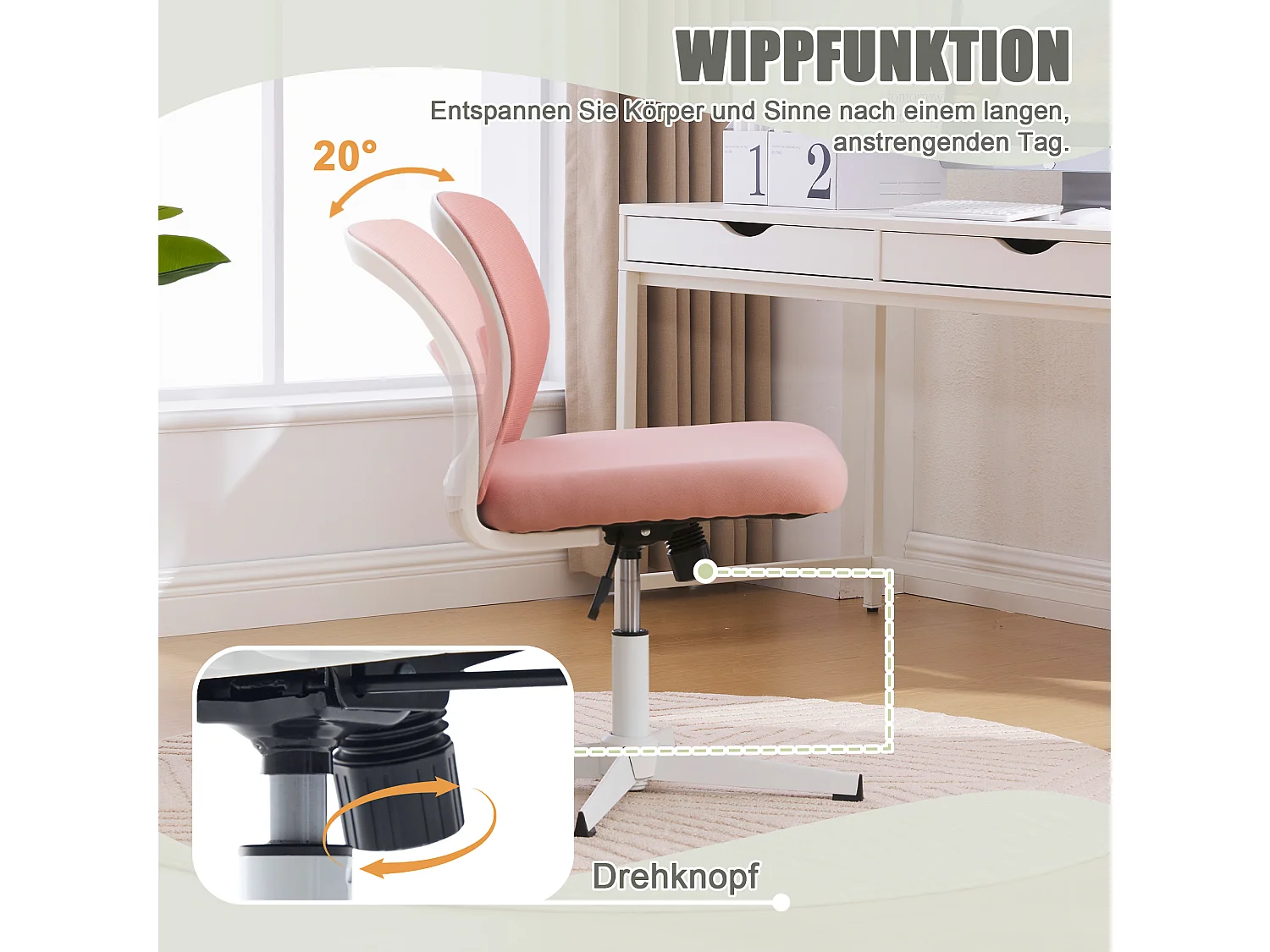 Chaise de Bureau Armless, Fauteuil de Lecture avec Coussin Large, Velours, Vert Menthe, Réglable en Hauteur, 360° Pivotant (61x55x73-85 cm)