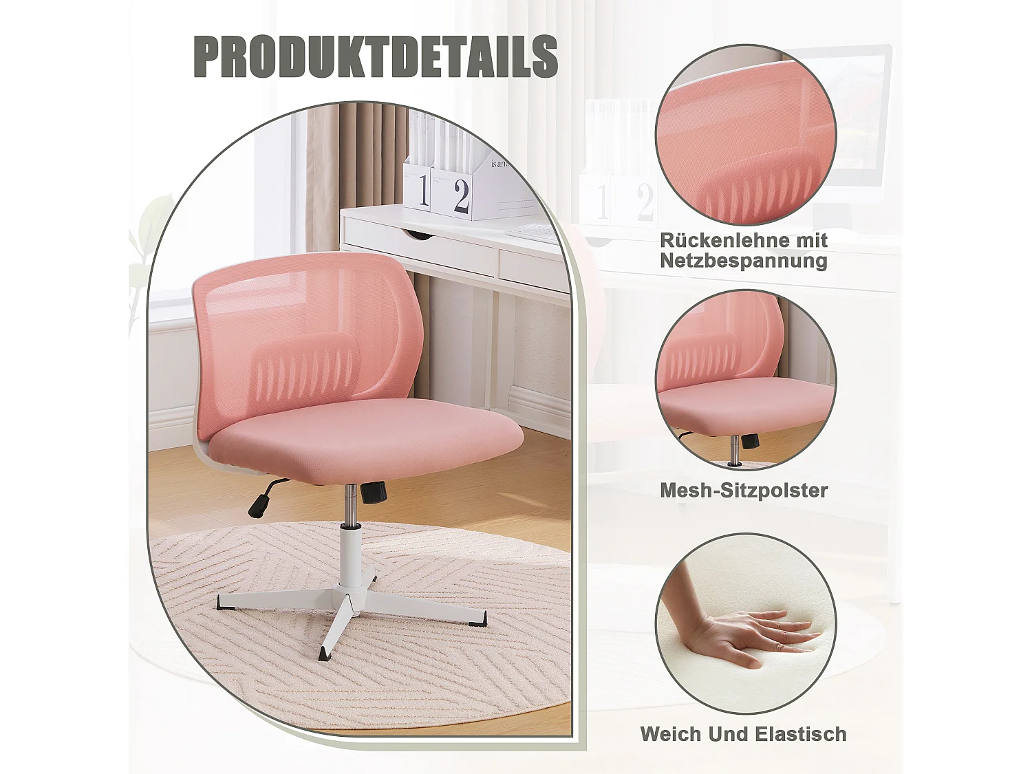 Chaise de Bureau Armless, Fauteuil de Lecture avec Coussin Large, Velours, Vert Menthe, Réglable en Hauteur, 360° Pivotant (61x55x73-85 cm)