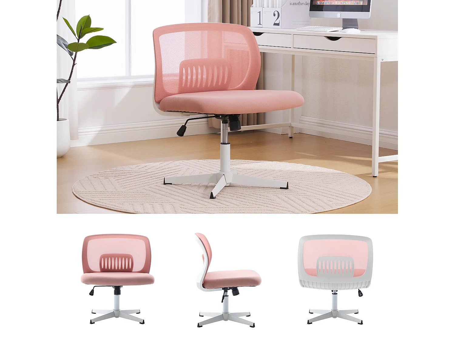 Chaise de Bureau Armless, Fauteuil de Lecture avec Coussin Large, Velours, Vert Menthe, Réglable en Hauteur, 360° Pivotant (61x55x73-85 cm)