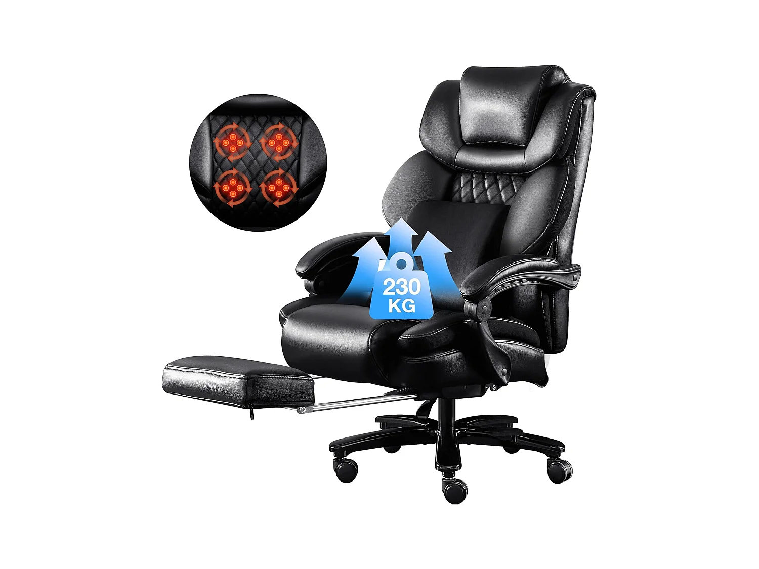 Ergonomische bureaustoel, hoogwaardig design, geïntegreerde massage, PU-leer, lendensteun, zwart (88x68x116 cm), draagvermogen 230 kg