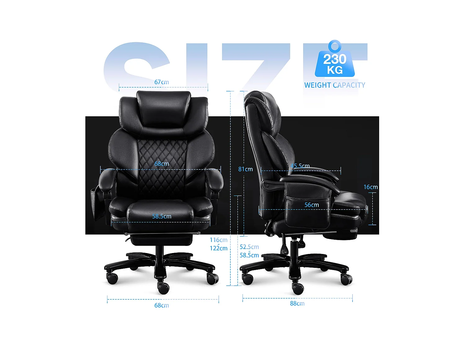 Ergonomische bureaustoel, hoogwaardig design, geïntegreerde massage, PU-leer, lendensteun, zwart (88x68x116 cm), draagvermogen 230 kg