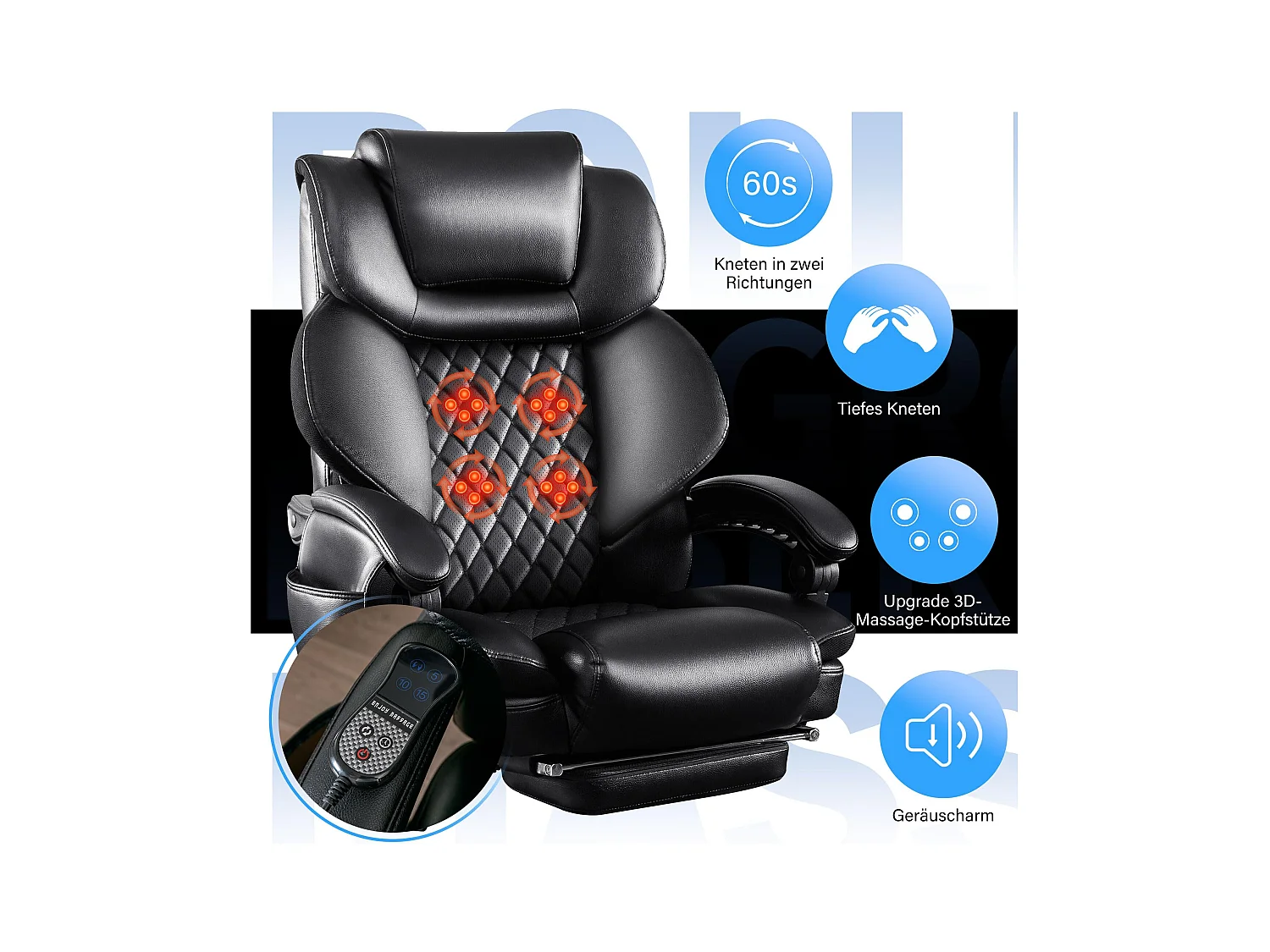 Ergonomische bureaustoel, hoogwaardig design, geïntegreerde massage, PU-leer, lendensteun, zwart (88x68x116 cm), draagvermogen 230 kg