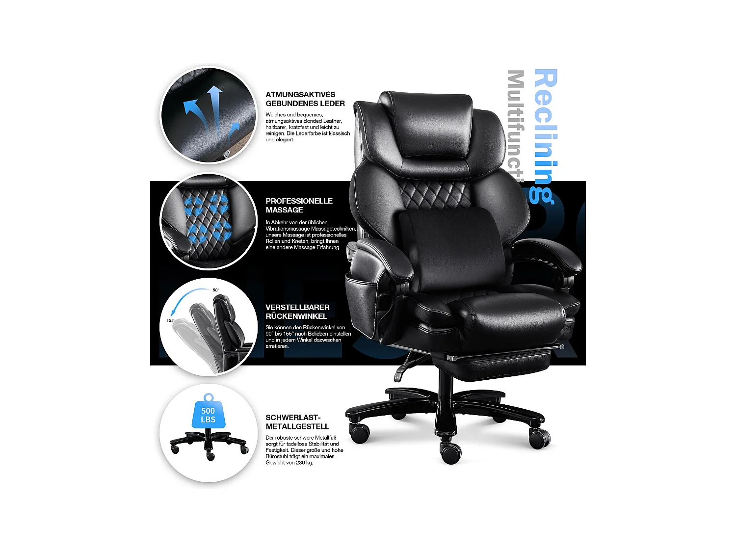 Ergonomische bureaustoel, hoogwaardig design, geïntegreerde massage, PU-leer, lendensteun, zwart (88x68x116 cm), draagvermogen 230 kg