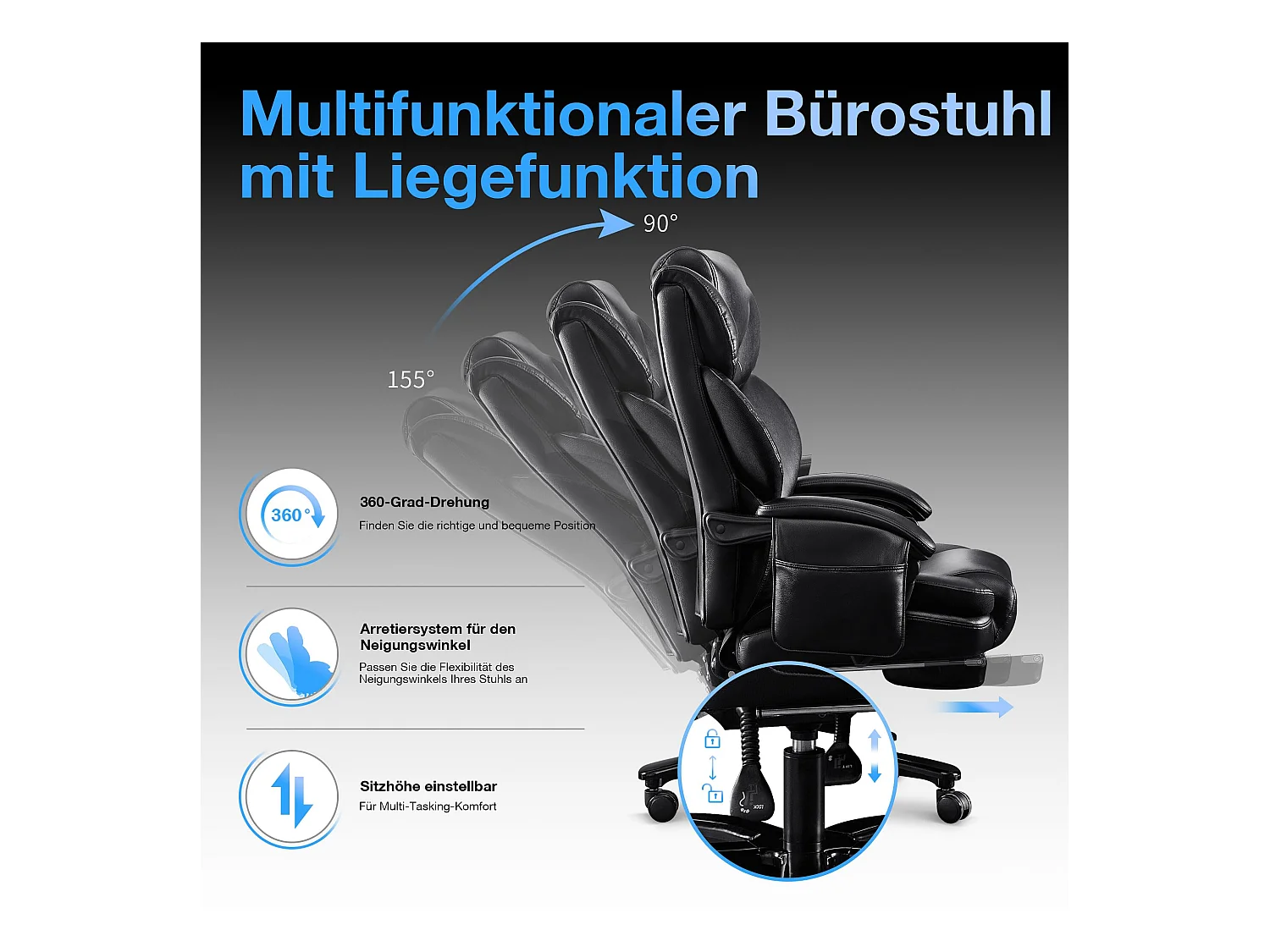 Ergonomische bureaustoel, hoogwaardig design, geïntegreerde massage, PU-leer, lendensteun, zwart (88x68x116 cm), draagvermogen 230 kg