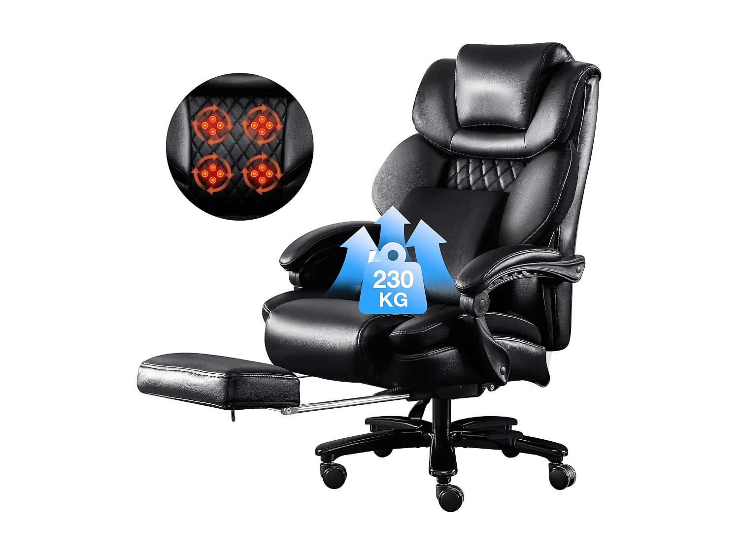 Chaise de Bureau Ergonomique, Design Haut, Massage Intégré, Cuir PU, Support Lombaire, Noir (88x68x116 cm), Capacité 230kg