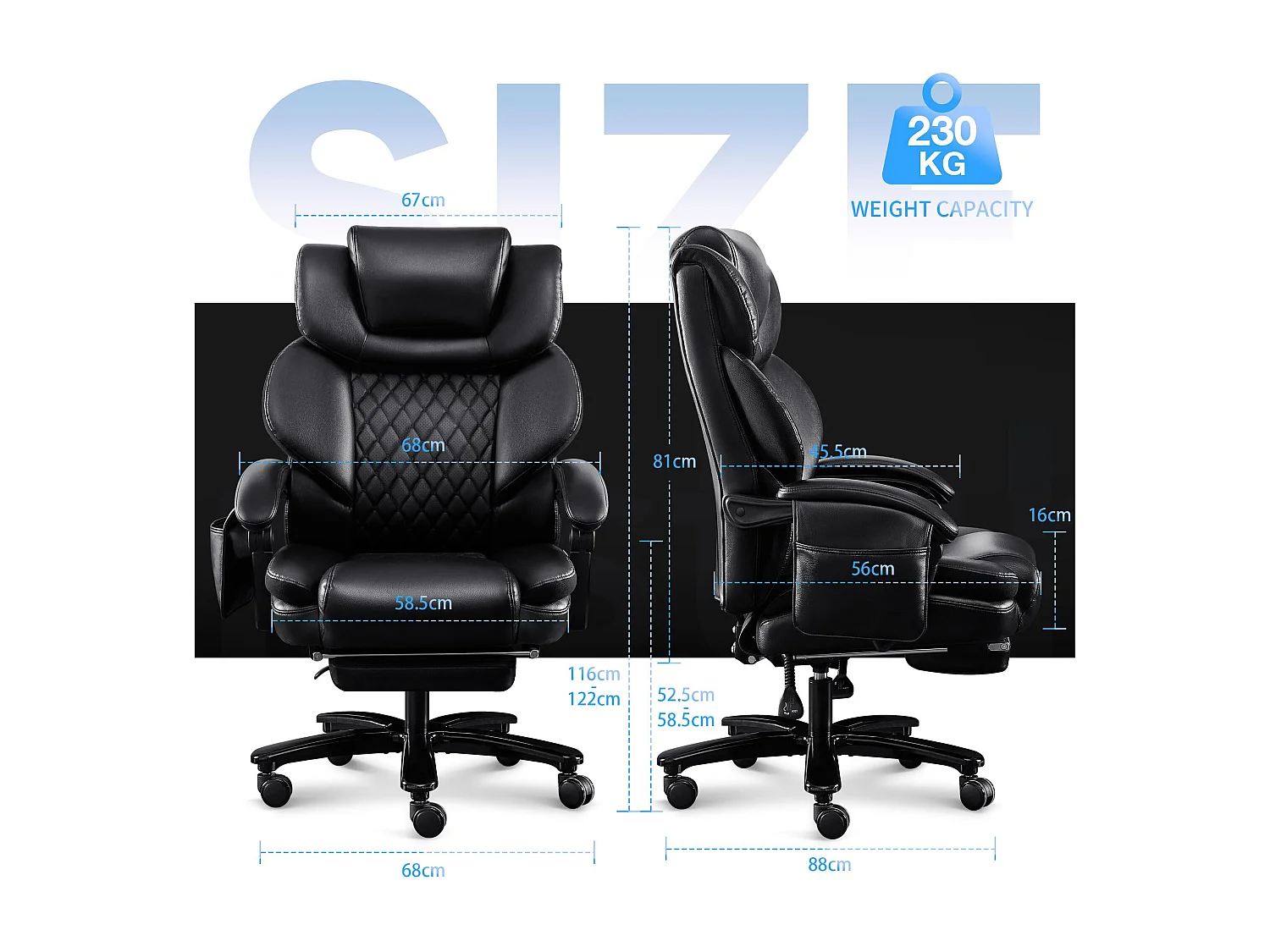 Chaise de Bureau Ergonomique, Design Haut, Massage Intégré, Cuir PU, Support Lombaire, Noir (88x68x116 cm), Capacité 230kg
