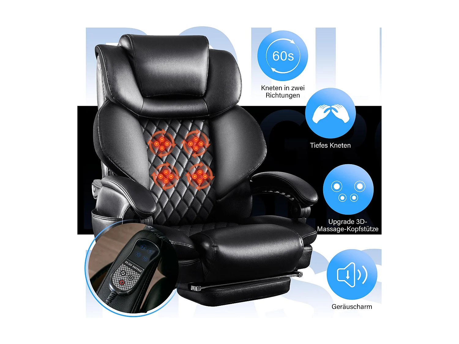 Chaise de Bureau Ergonomique, Design Haut, Massage Intégré, Cuir PU, Support Lombaire, Noir (88x68x116 cm), Capacité 230kg