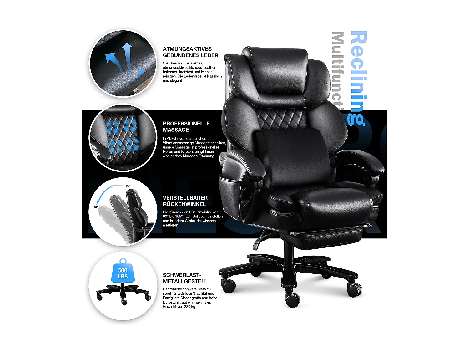 Chaise de Bureau Ergonomique, Design Haut, Massage Intégré, Cuir PU, Support Lombaire, Noir (88x68x116 cm), Capacité 230kg