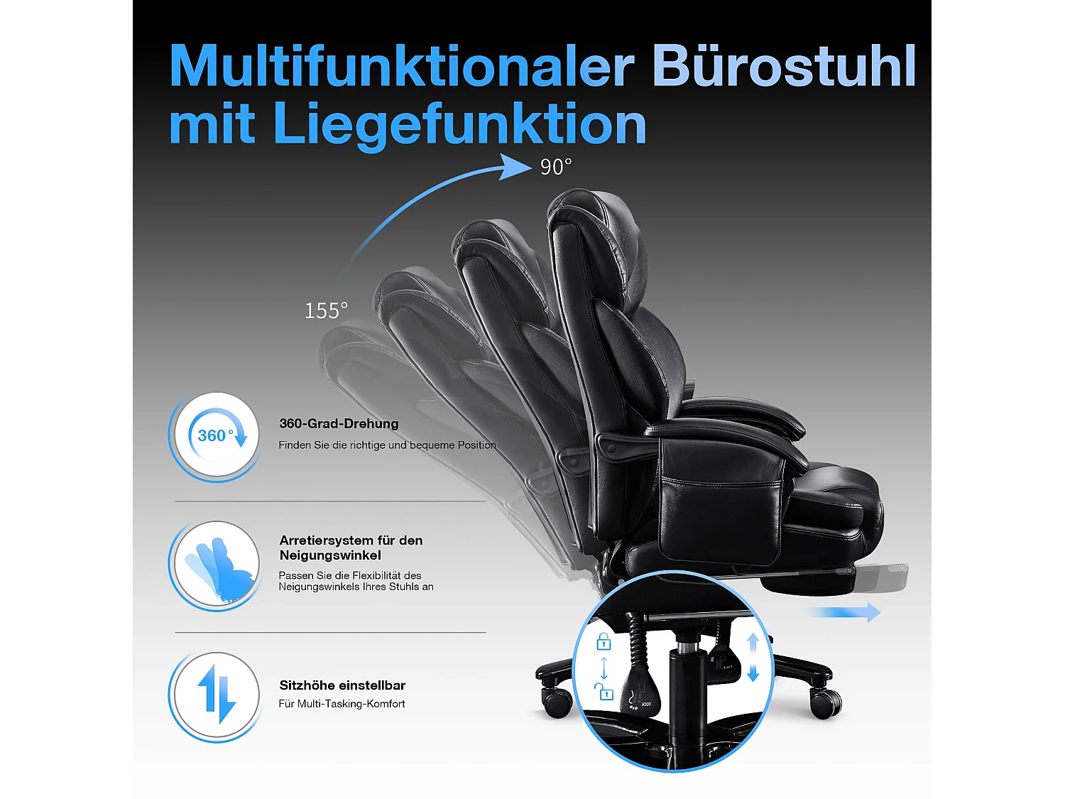 Chaise de Bureau Ergonomique, Design Haut, Massage Intégré, Cuir PU, Support Lombaire, Noir (88x68x116 cm), Capacité 230kg