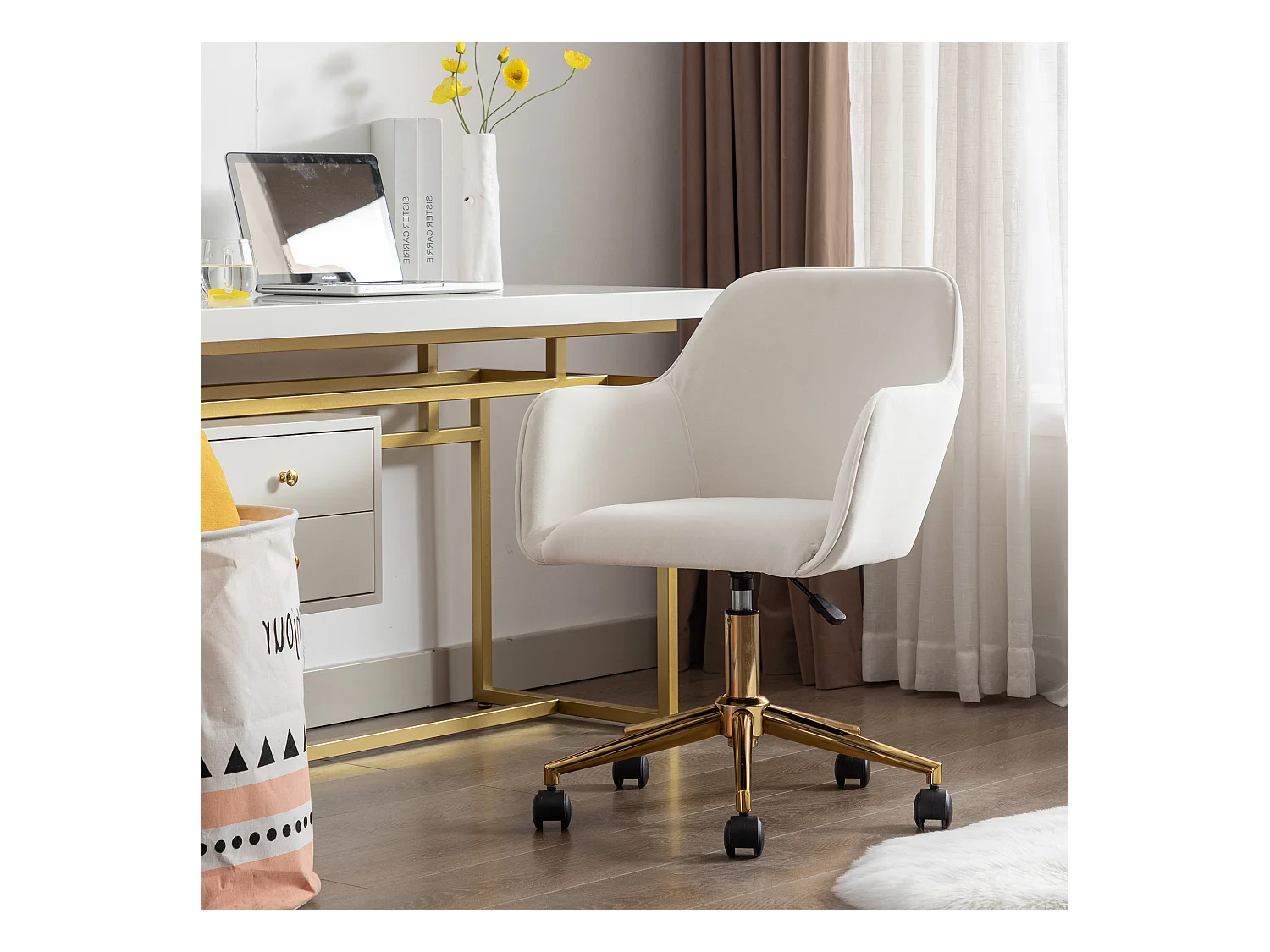 Chaise de bureau pivotante en velours, hauteur réglable, avec base dorée, pour intérieur, couleur ivoire (58x58x86 cm)