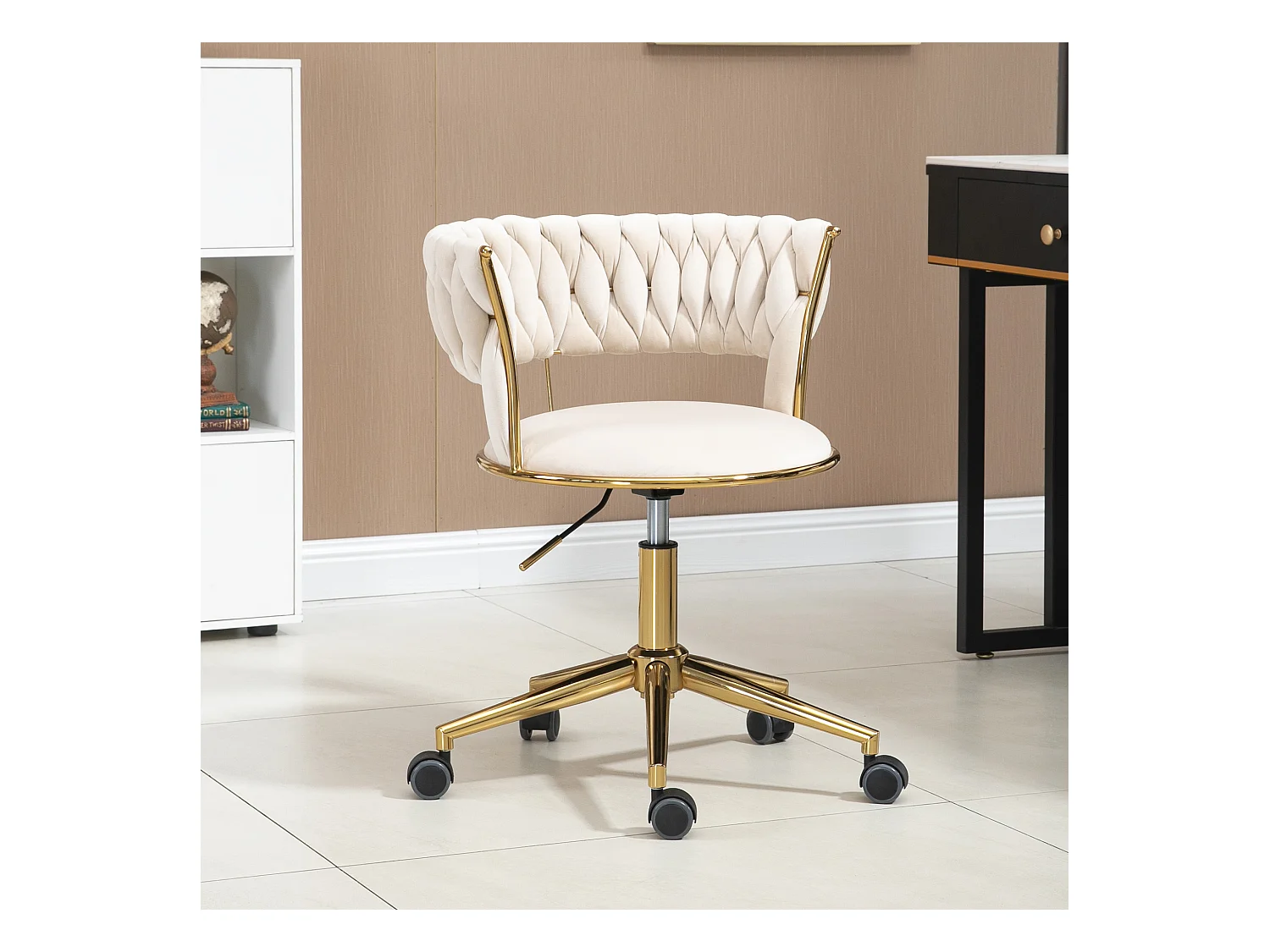 Chaise de Bureau en Velours, Rotation 360°, Hauteur Ajustable, Design Découpé, Base en Acier Inoxydable avec 5 Roues (62x62x67-77 cm)