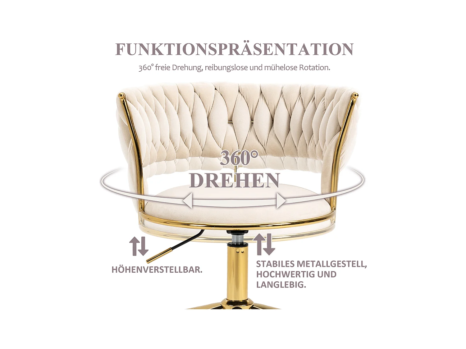 Chaise de Bureau en Velours, Rotation 360°, Hauteur Ajustable, Design Découpé, Base en Acier Inoxydable avec 5 Roues (62x62x67-77 cm)