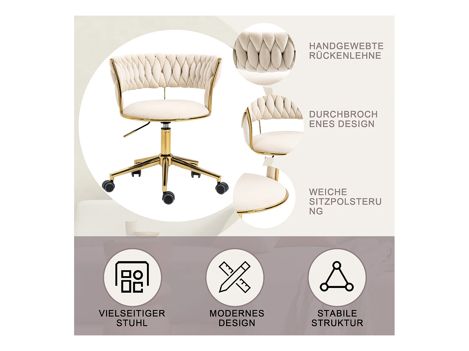 Chaise de Bureau en Velours, Rotation 360°, Hauteur Ajustable, Design Découpé, Base en Acier Inoxydable avec 5 Roues (62x62x67-77 cm)