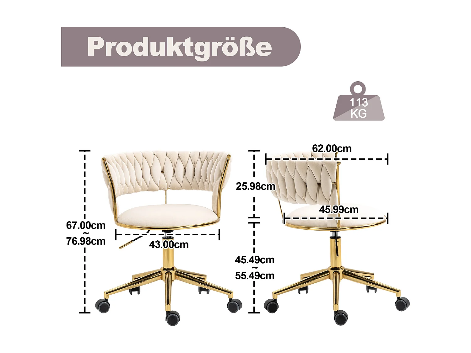 Chaise de Bureau en Velours, Rotation 360°, Hauteur Ajustable, Design Découpé, Base en Acier Inoxydable avec 5 Roues (62x62x67-77 cm)