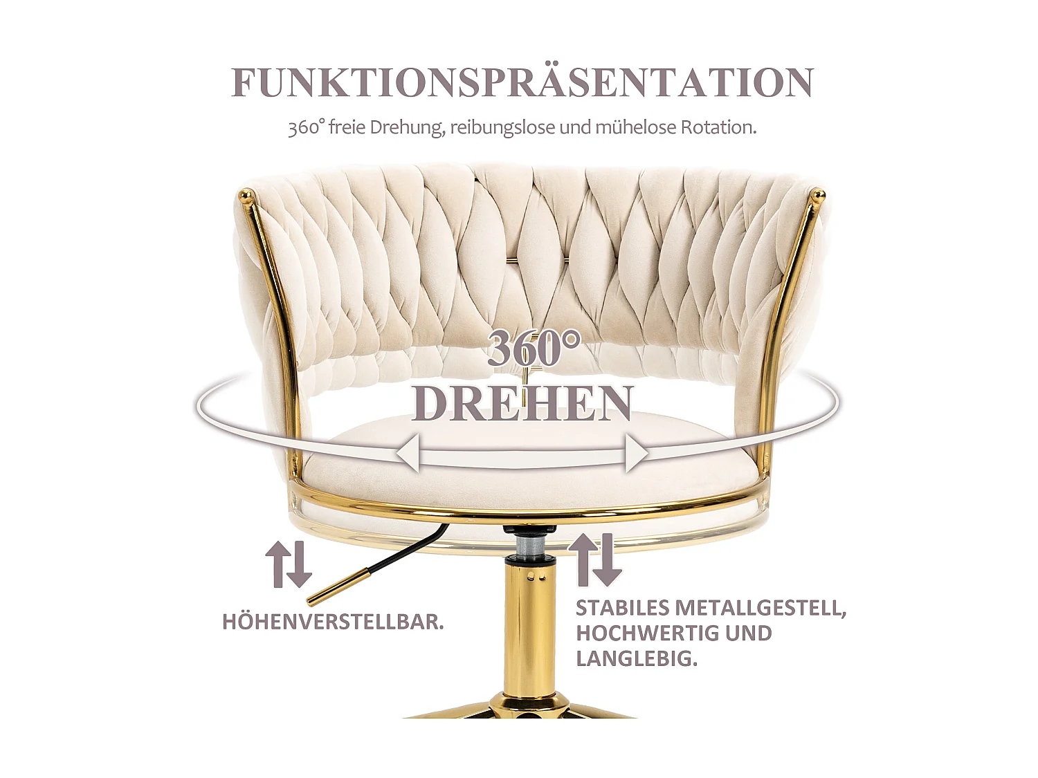 Silla de oficina de terciopelo, giratoria 360°, altura ajustable, diseño recortado, base de acero inoxidable con 5 ruedas (62 x 62 x 67-77 cm)