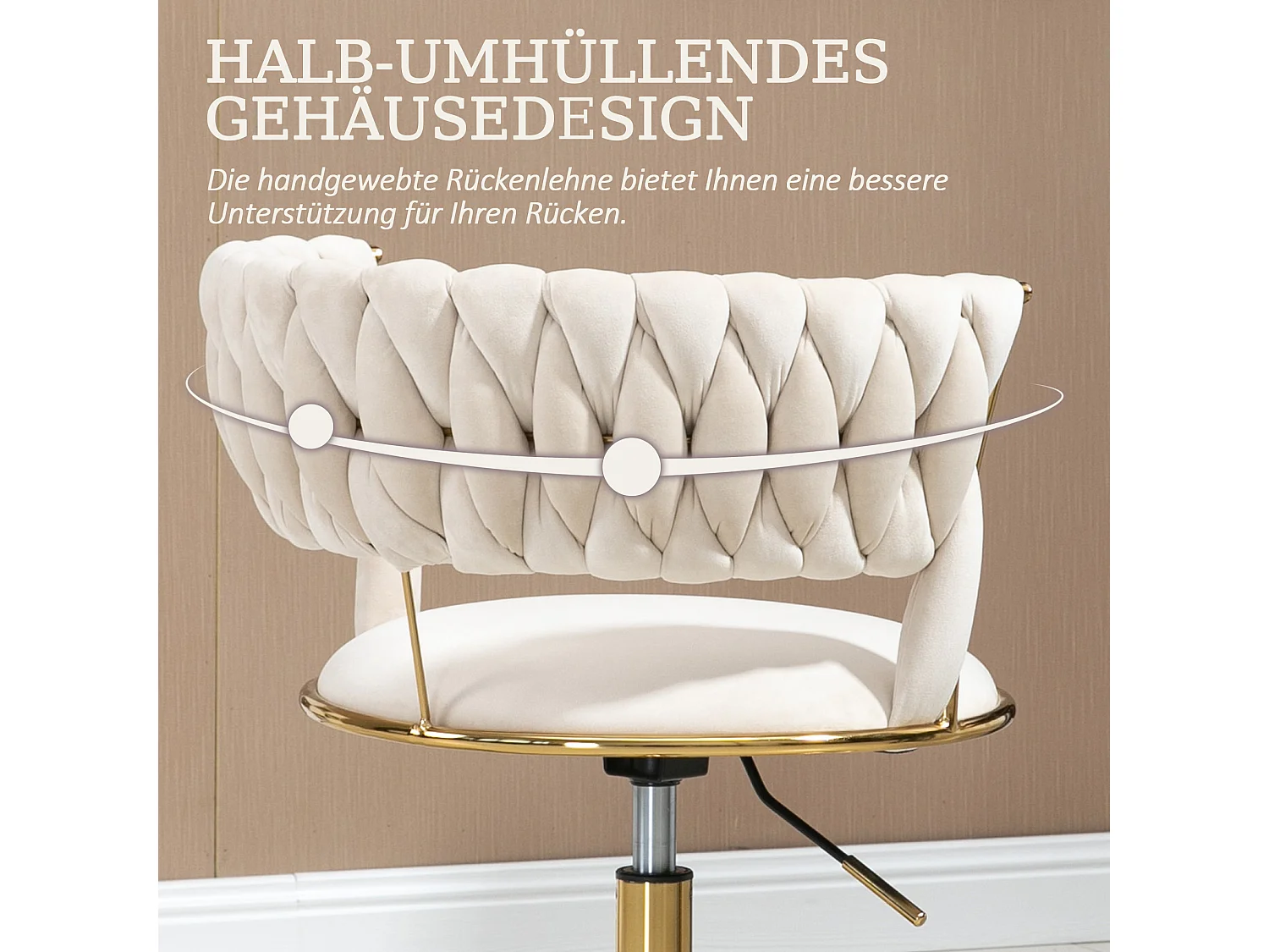 Silla de oficina de terciopelo, giratoria 360°, altura ajustable, diseño recortado, base de acero inoxidable con 5 ruedas (62 x 62 x 67-77 cm)