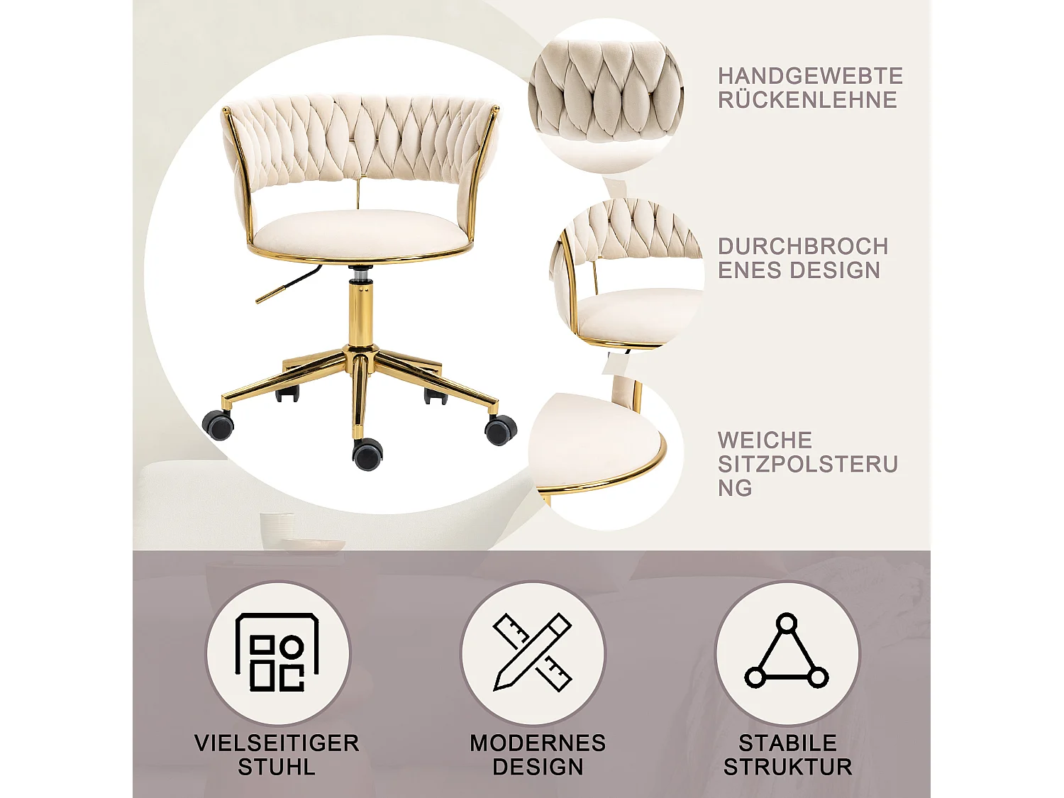 Silla de oficina de terciopelo, giratoria 360°, altura ajustable, diseño recortado, base de acero inoxidable con 5 ruedas (62 x 62 x 67-77 cm)