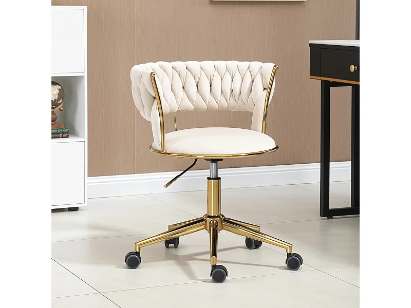 Chaise de Bureau en Velours, Rotation 360°, Hauteur Ajustable, Design Découpé, Base en Acier Inoxydable avec 5 Roues (62x62x67-77 cm)