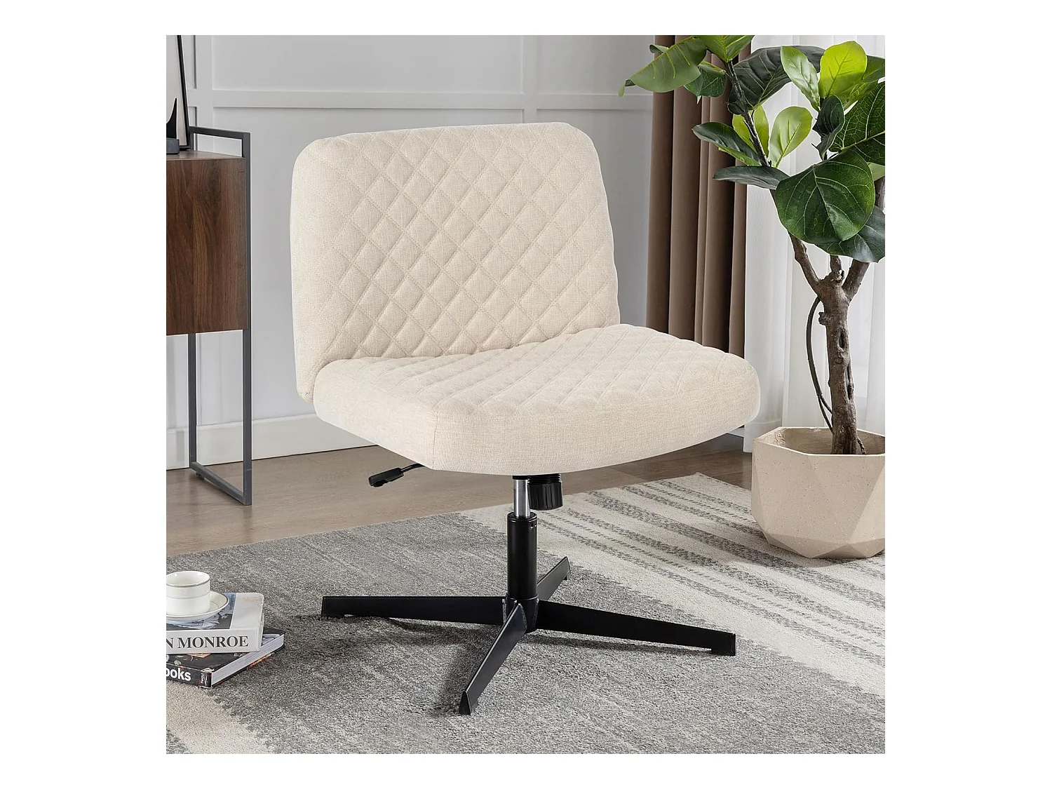 Chaise de bureau sans accoudoirs, fauteuil ergonomique avec base métallique, siège large et épais, tissu crème, (Dimensions : 49 x 64 x 84 cm)