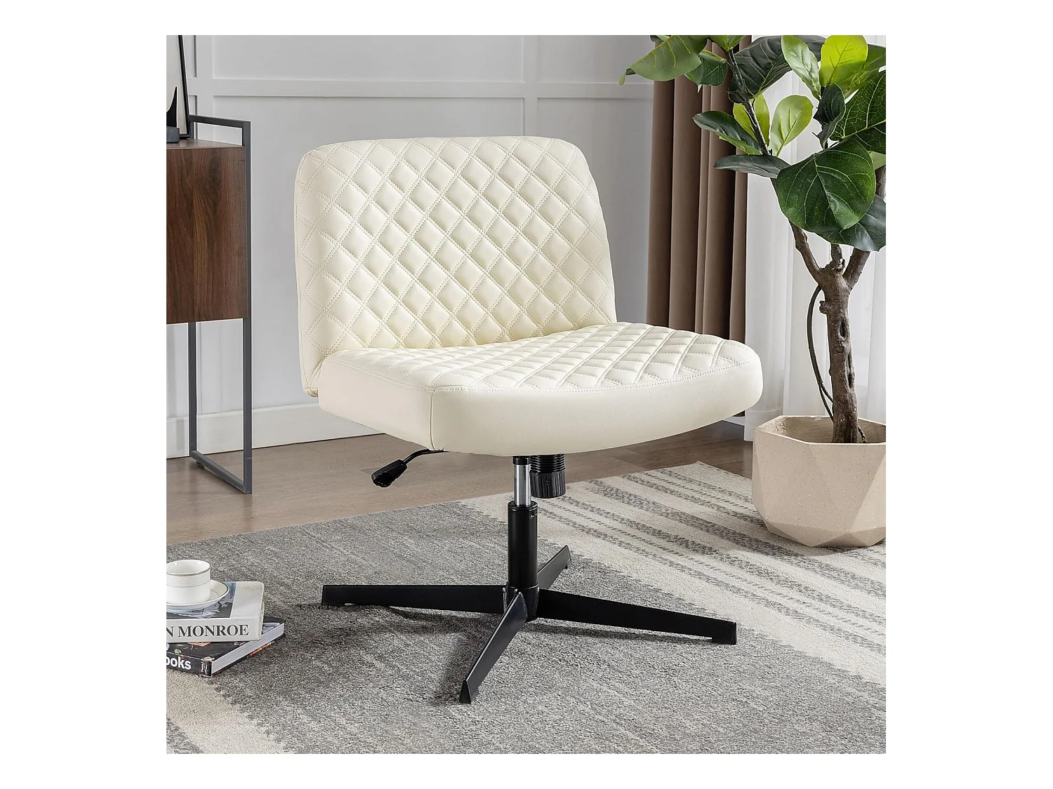 Chaise de bureau sans accoudoirs, avec base métallique, large siège ergonomique, tissu PU crème, (Dimensions : 49 x 64 x 84 cm)