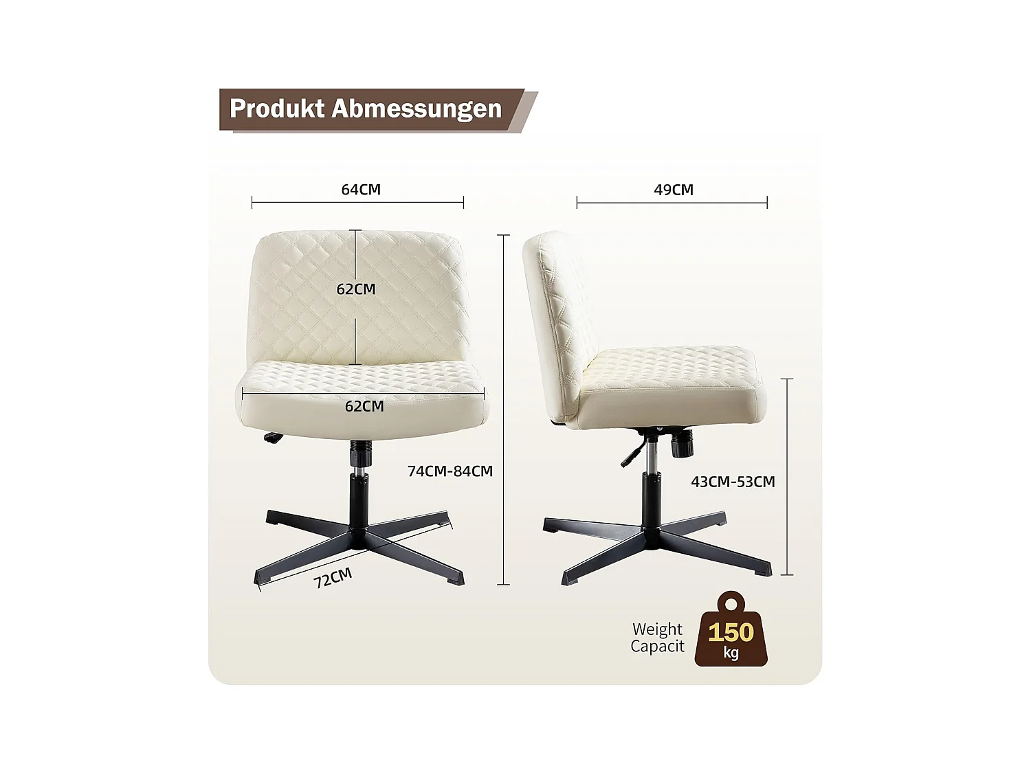Chaise de bureau sans accoudoirs, avec base métallique, large siège ergonomique, tissu PU crème, (Dimensions : 49 x 64 x 84 cm)