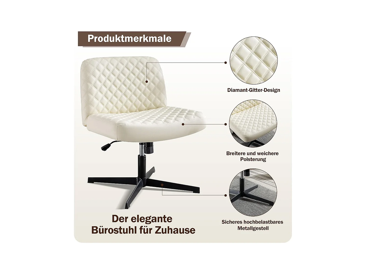 Chaise de bureau sans accoudoirs, avec base métallique, large siège ergonomique, tissu PU crème, (Dimensions : 49 x 64 x 84 cm)