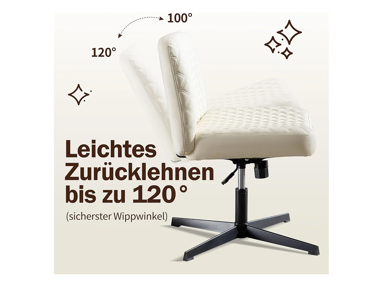 Chaise de bureau sans accoudoirs, avec base métallique, large siège ergonomique, tissu PU crème, (Dimensions : 49 x 64 x 84 cm)