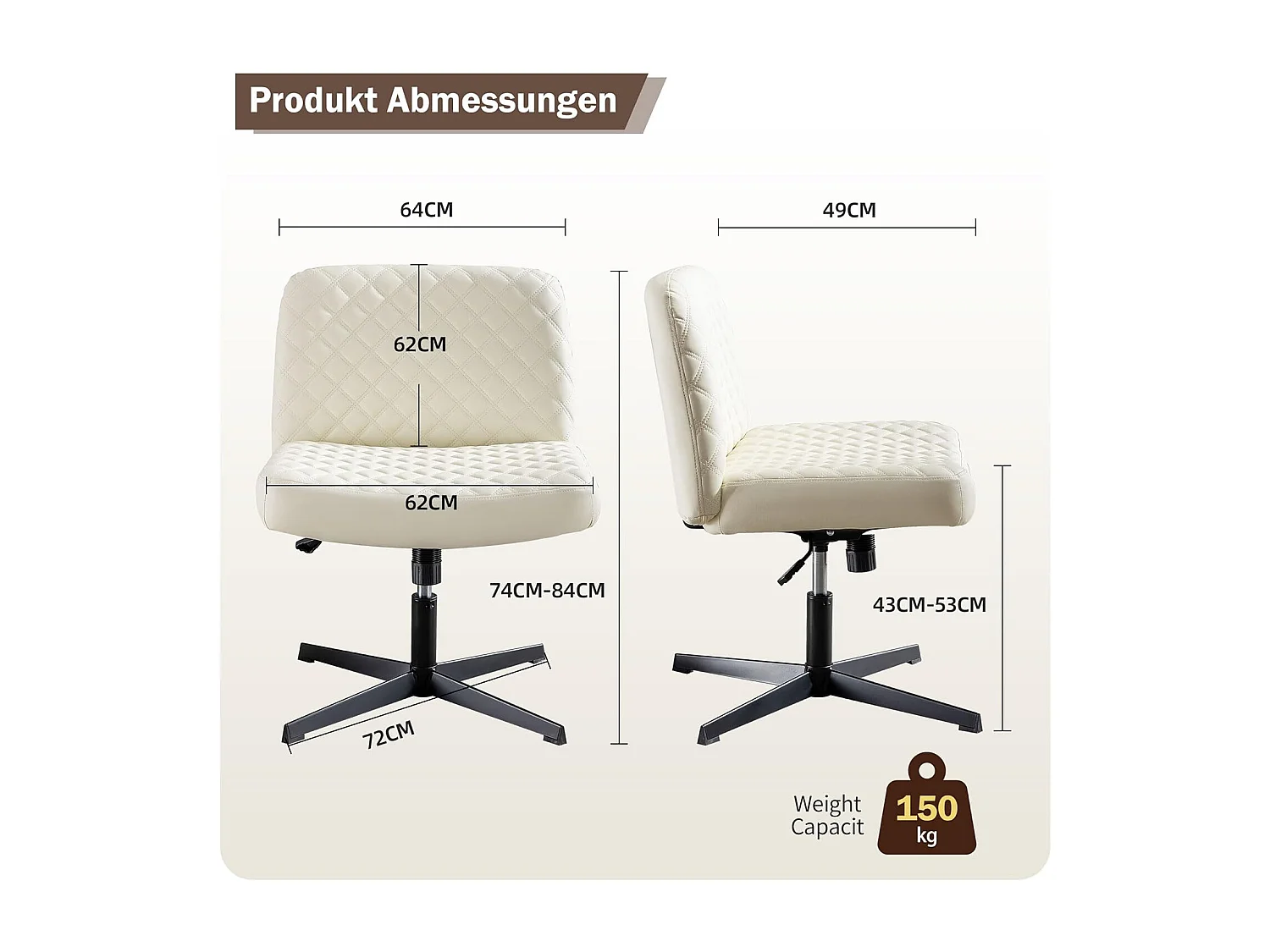 Chaise de bureau sans accoudoirs, avec base métallique, large siège ergonomique, tissu PU crème, (Dimensions : 49 x 64 x 84 cm)