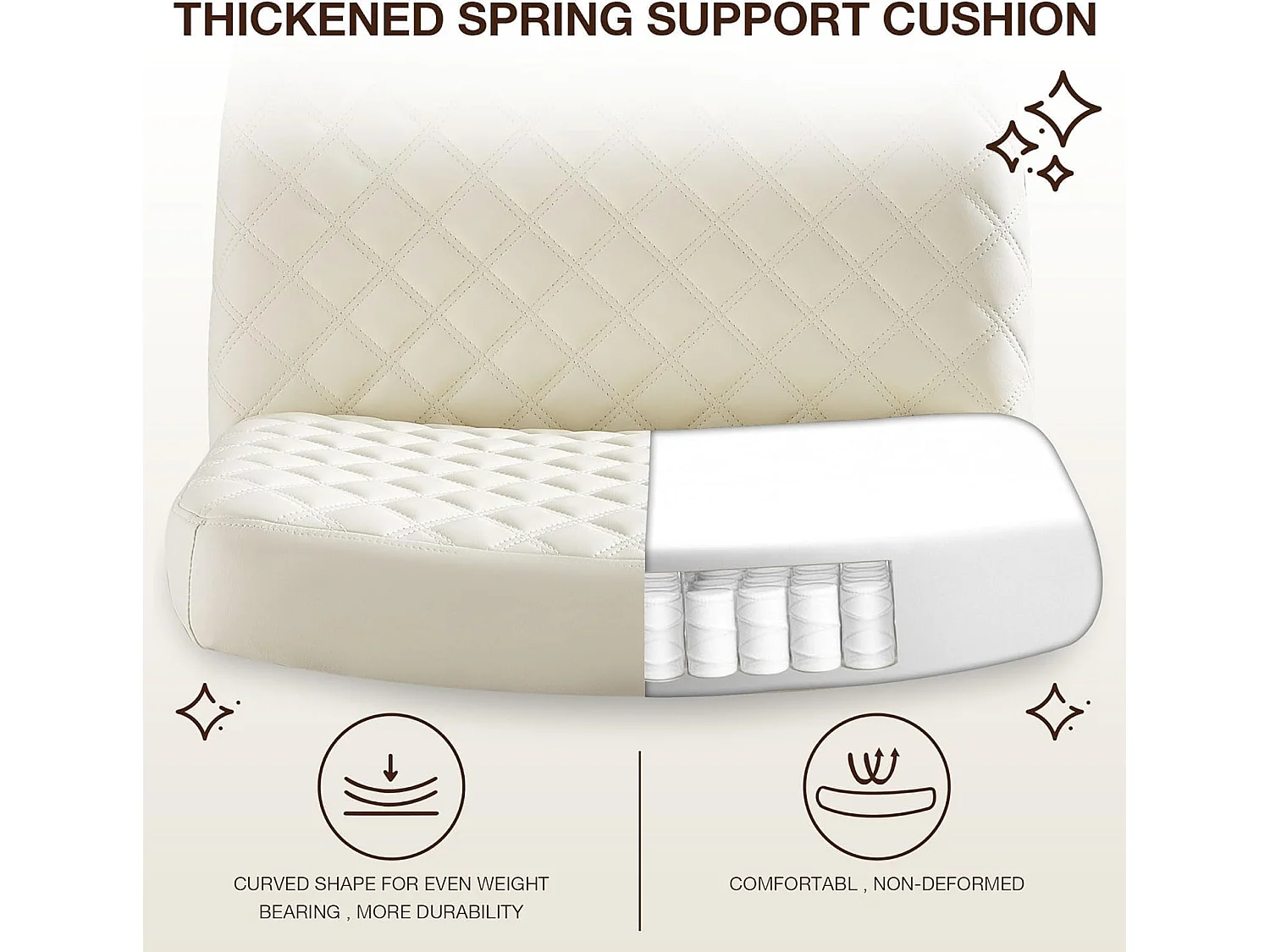 Chaise de bureau sans accoudoirs, avec base métallique, large siège ergonomique, tissu PU crème, (Dimensions : 49 x 64 x 84 cm)