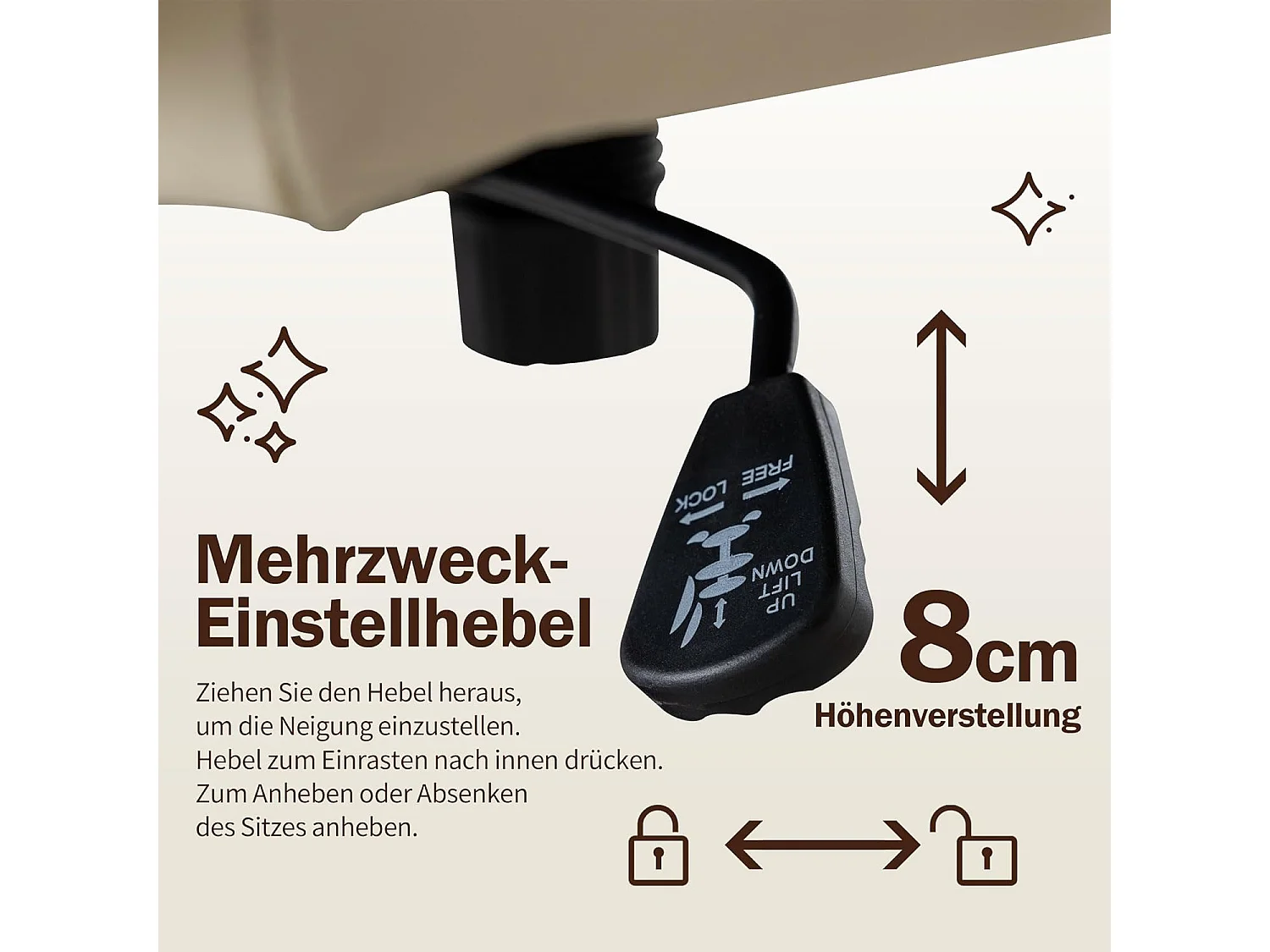 Chaise de bureau sans accoudoirs, avec base métallique, large siège ergonomique, tissu PU crème, (Dimensions : 49 x 64 x 84 cm)