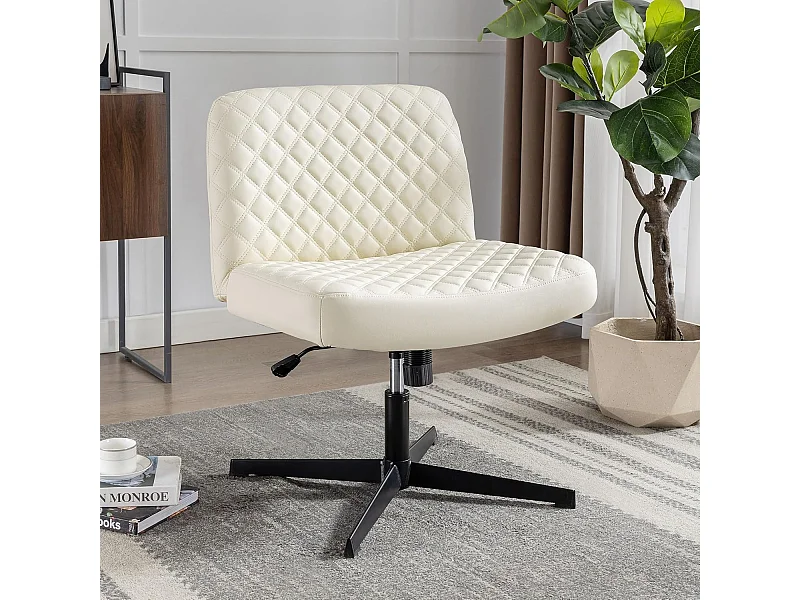Chaise de bureau sans accoudoirs, avec base métallique, large siège ergonomique, tissu PU crème, (Dimensions : 49 x 64 x 84 cm)