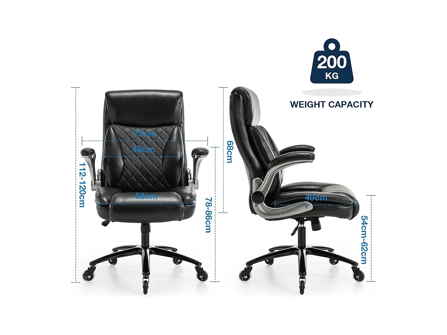 Draaibare bureaustoel, ergonomisch design, PU-leer, hoge rugleuning, opklapbare armleuningen, zwart (49x58x120 cm), draagvermogen 200 kg